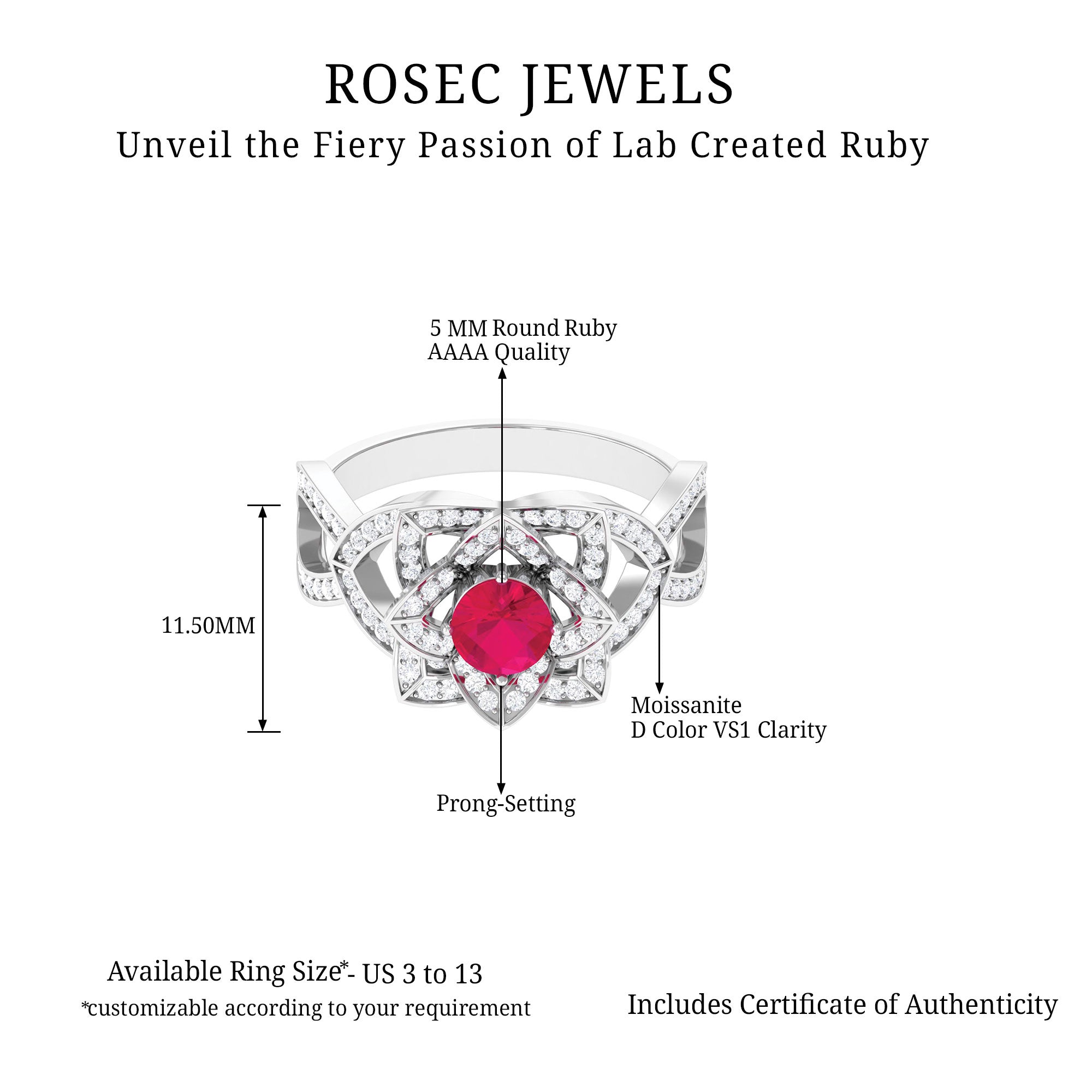 Rosec Jewels-1.25 CT Created Ruby and Moissanite Flower Engagement Ring