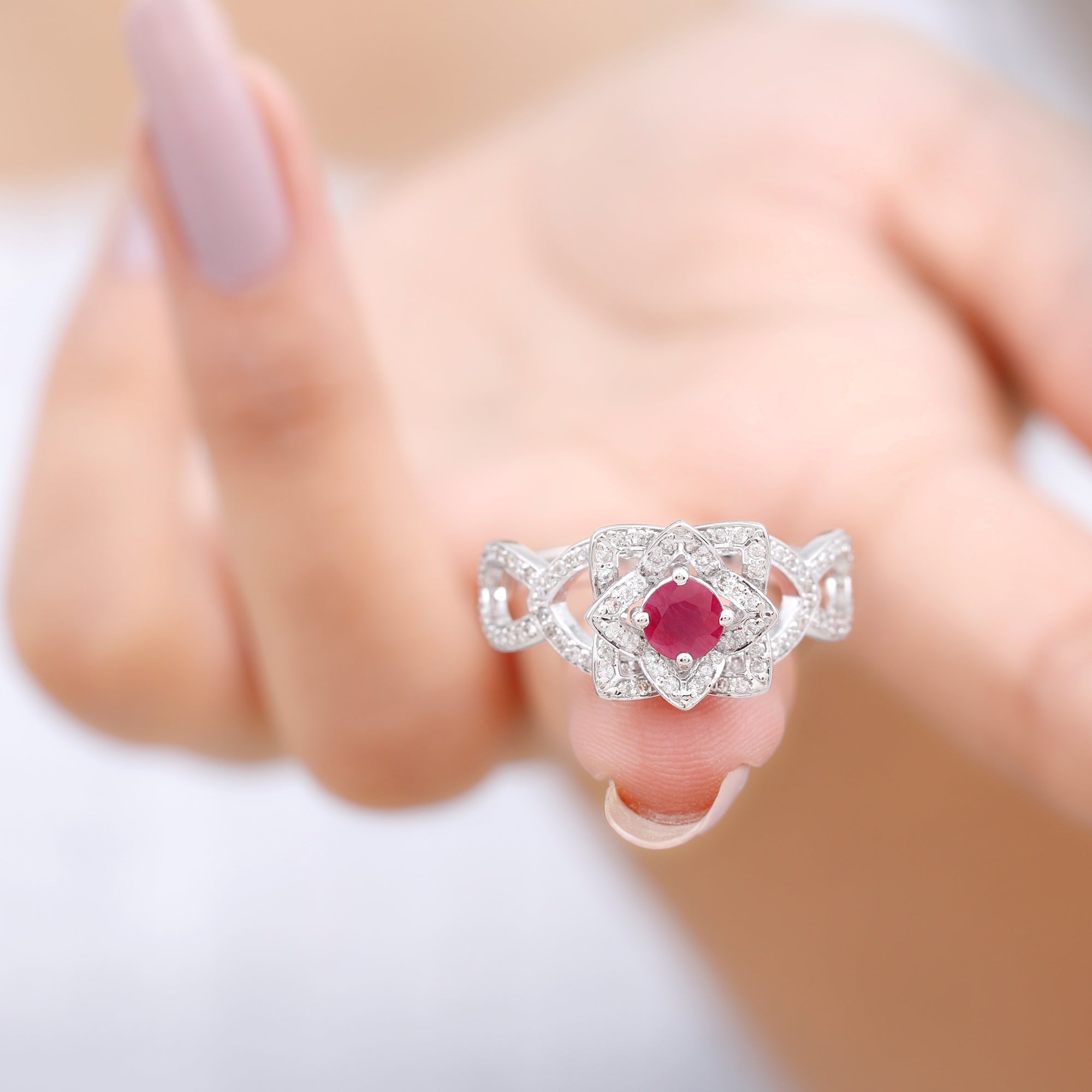 Rosec Jewels-1.25 CT Created Ruby and Moissanite Flower Engagement Ring