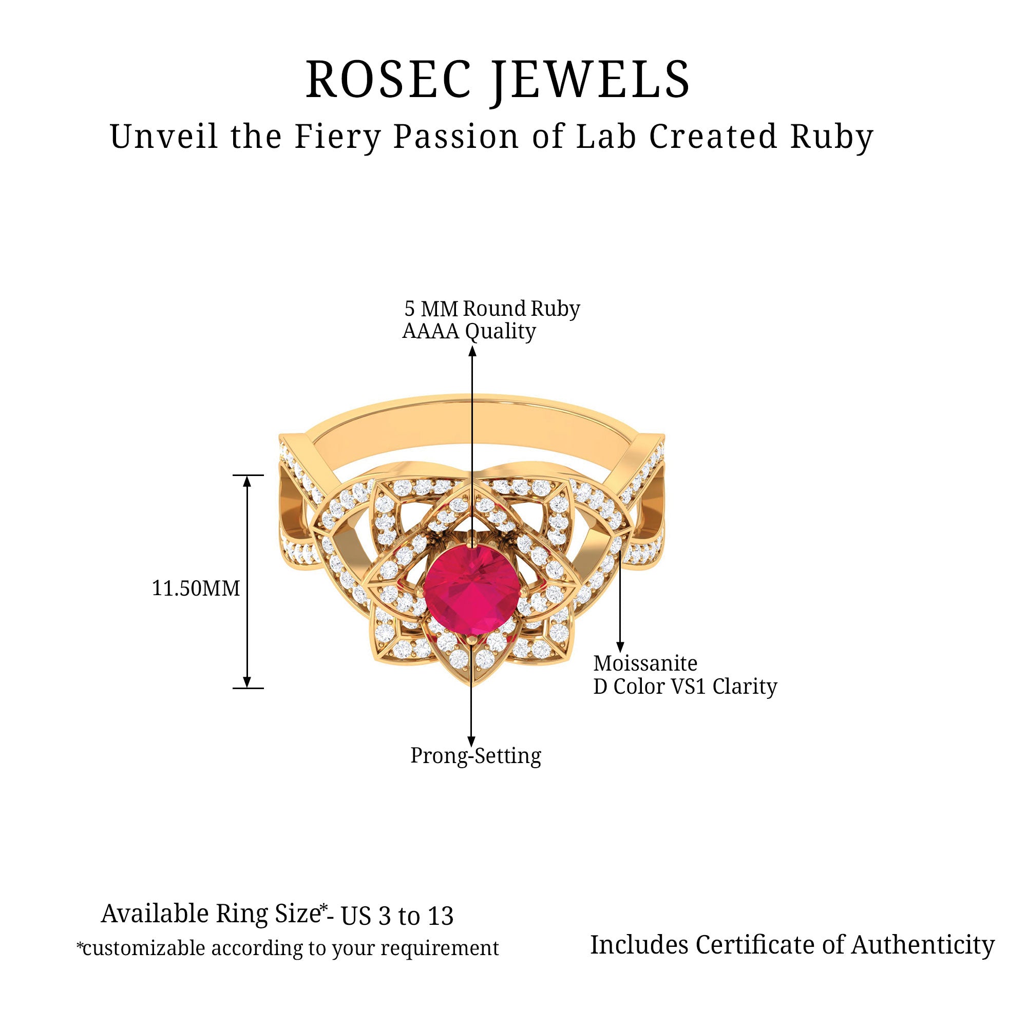 Rosec Jewels-1.25 CT Created Ruby and Moissanite Flower Engagement Ring