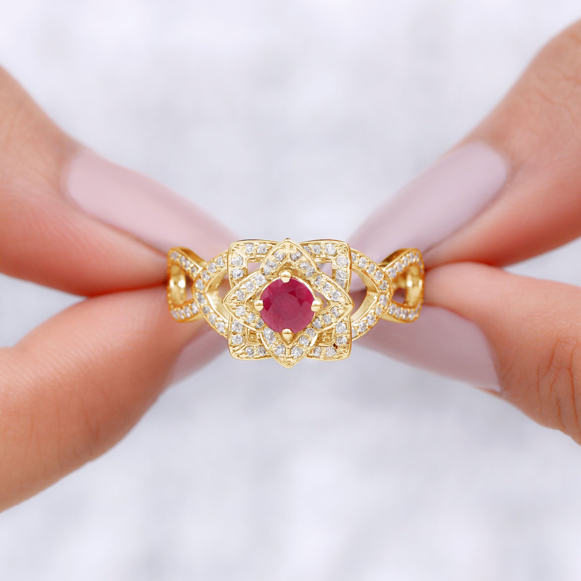 Rosec Jewels-1.25 CT Created Ruby and Moissanite Flower Engagement Ring