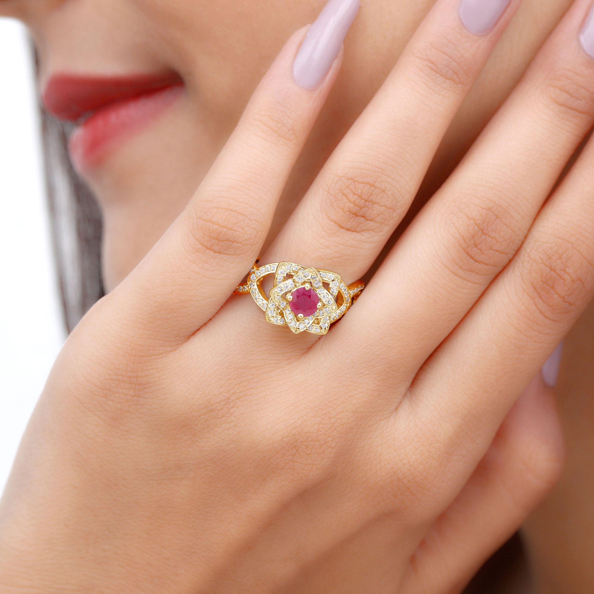 Rosec Jewels-1.25 CT Created Ruby and Moissanite Flower Engagement Ring