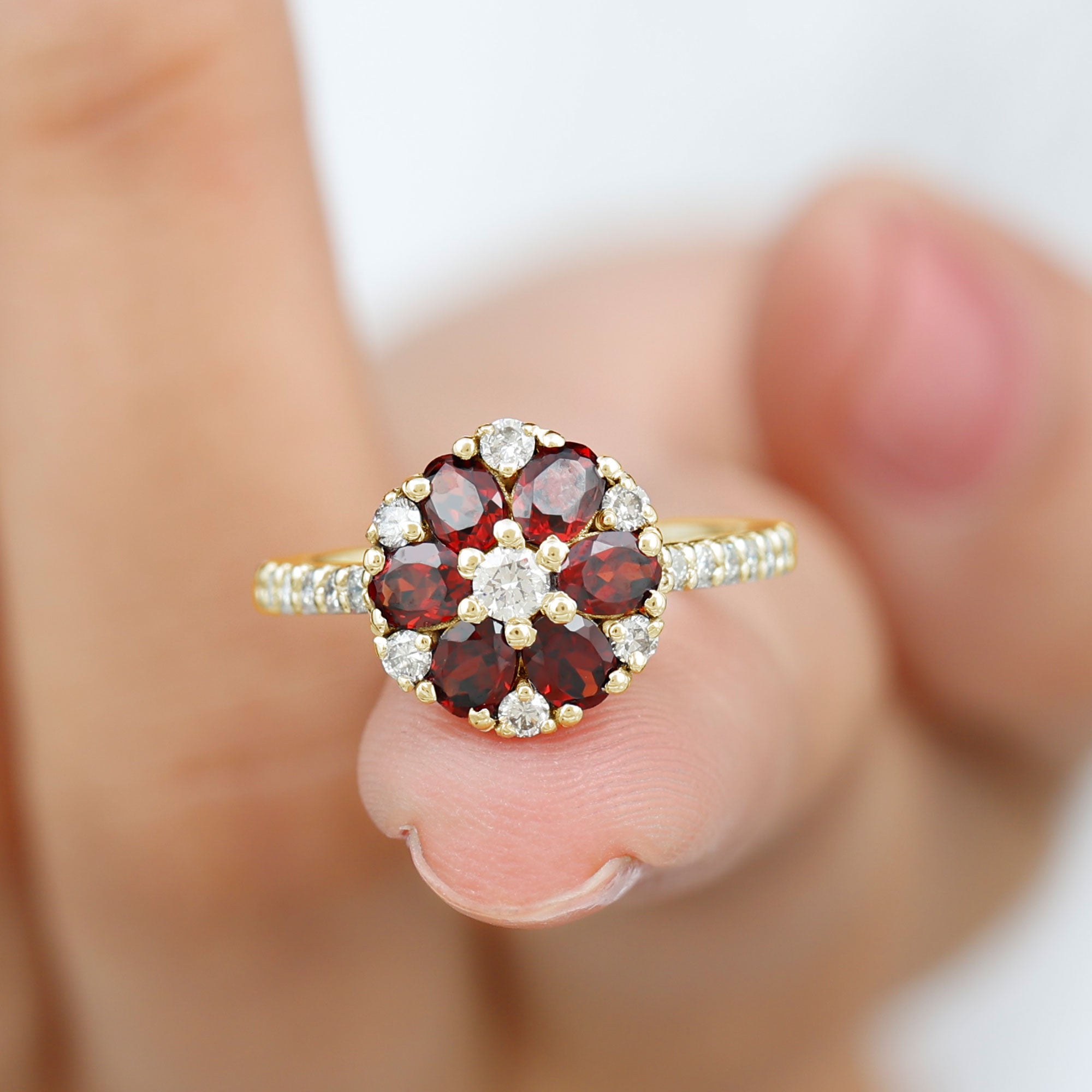 Rosec Jewels-1.5 CT Garnet and Diamond Flower Cluster Engagement Ring