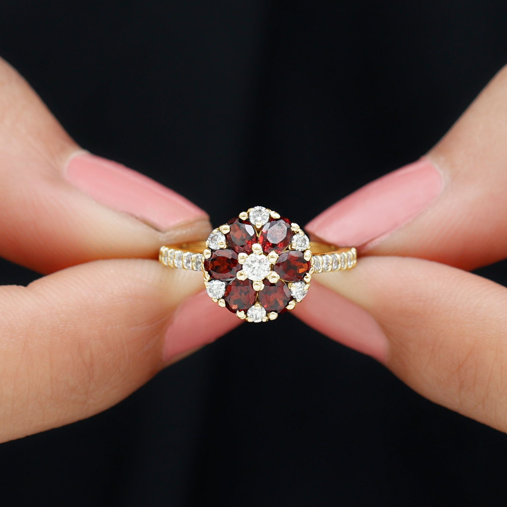 Rosec Jewels-1.5 CT Garnet and Diamond Flower Cluster Engagement Ring