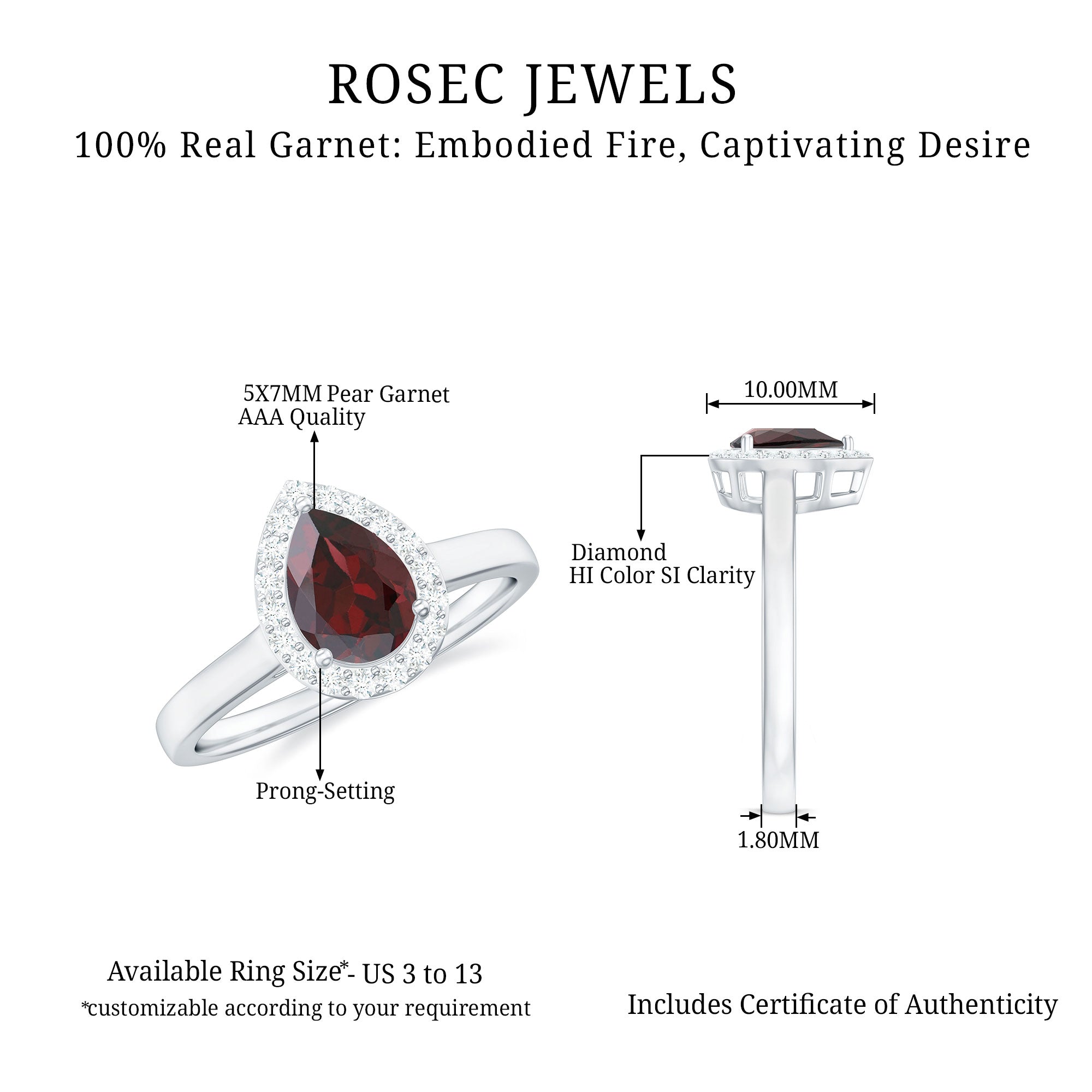 Rosec Jewels-1.25 CT Pear Shape Garnet Ring with Diamond Halo