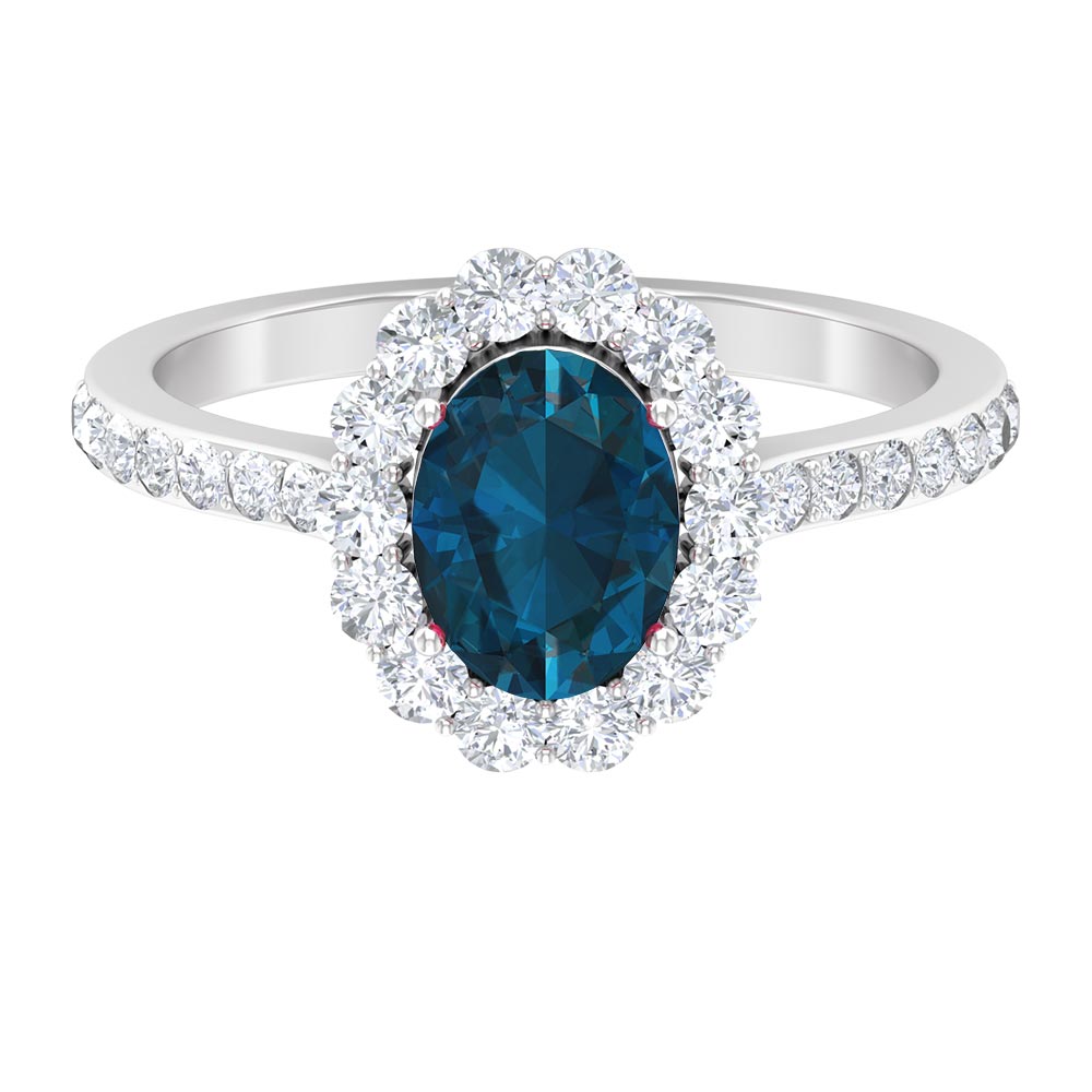 Rosec Jewels-Oval Cut London Blue Topaz with Diamond Halo Ring