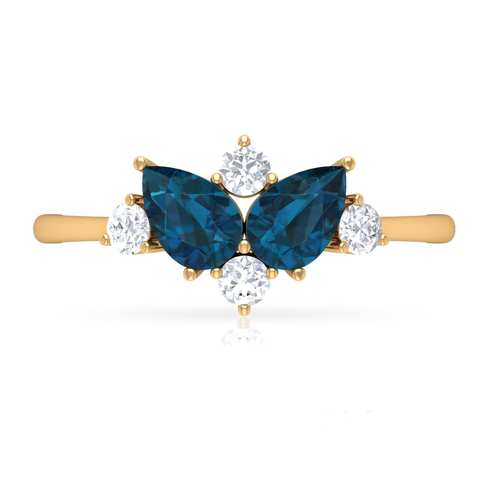 Rosec Jewels-2 CT Pear Shape London Blue Topaz and Diamond Cluster Promise Ring