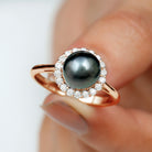 Rosec Jewels-Natural Tahitian Pearl Solitaire with Diamond Halo Ring