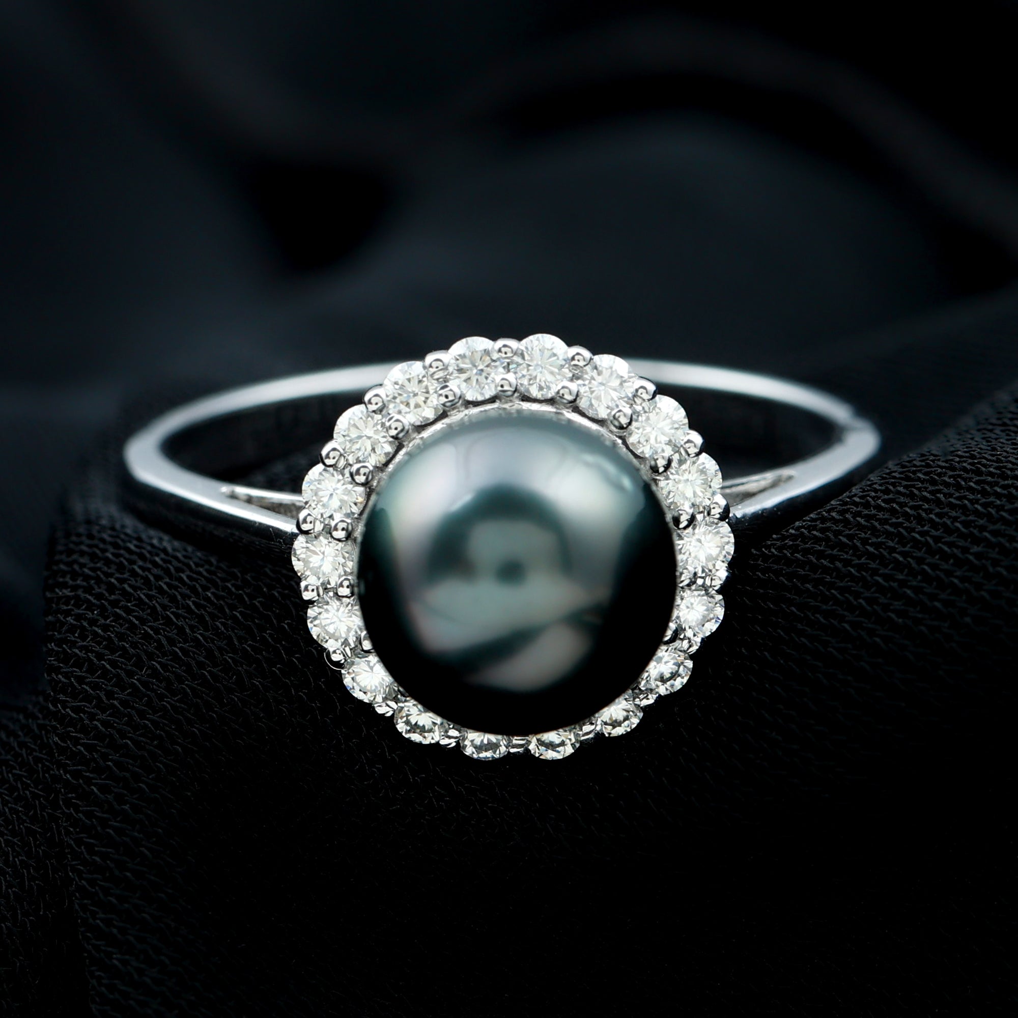 Rosec Jewels-Natural Tahitian Pearl Solitaire with Diamond Halo Ring