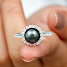 Rosec Jewels-Natural Tahitian Pearl Solitaire with Diamond Halo Ring