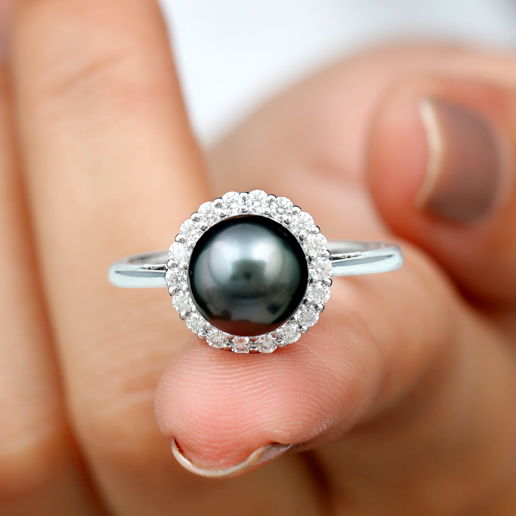 Rosec Jewels-Natural Tahitian Pearl Solitaire with Diamond Halo Ring