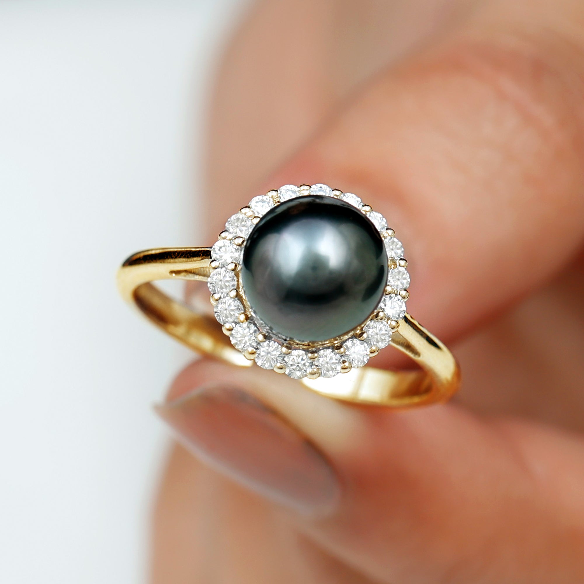 Rosec Jewels-Natural Tahitian Pearl Solitaire with Diamond Halo Ring