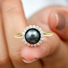 Rosec Jewels-Natural Tahitian Pearl Solitaire with Diamond Halo Ring