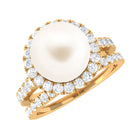 Rosec Jewels-Freshwater Pearl and Moissanite Halo Wedding Ring Set in Gold