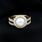 Rosec Jewels-Freshwater Pearl and Moissanite Halo Wedding Ring Set in Gold