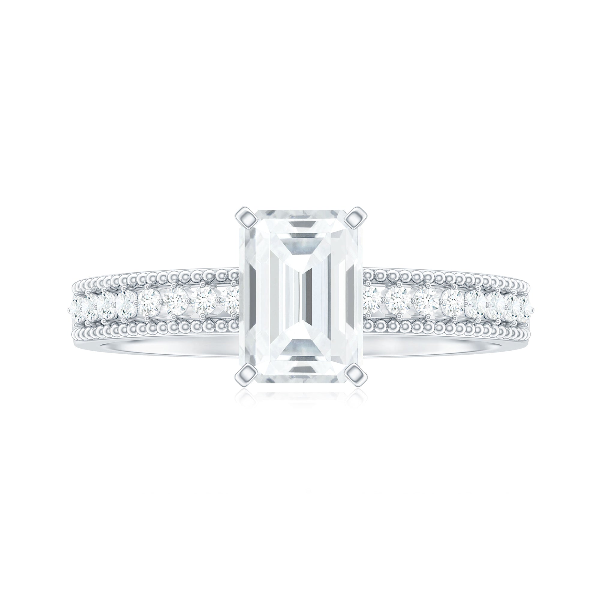 Rosec Jewels-Emerald Cut Moissanite Solitaire Engagement Ring with Gold Beaded