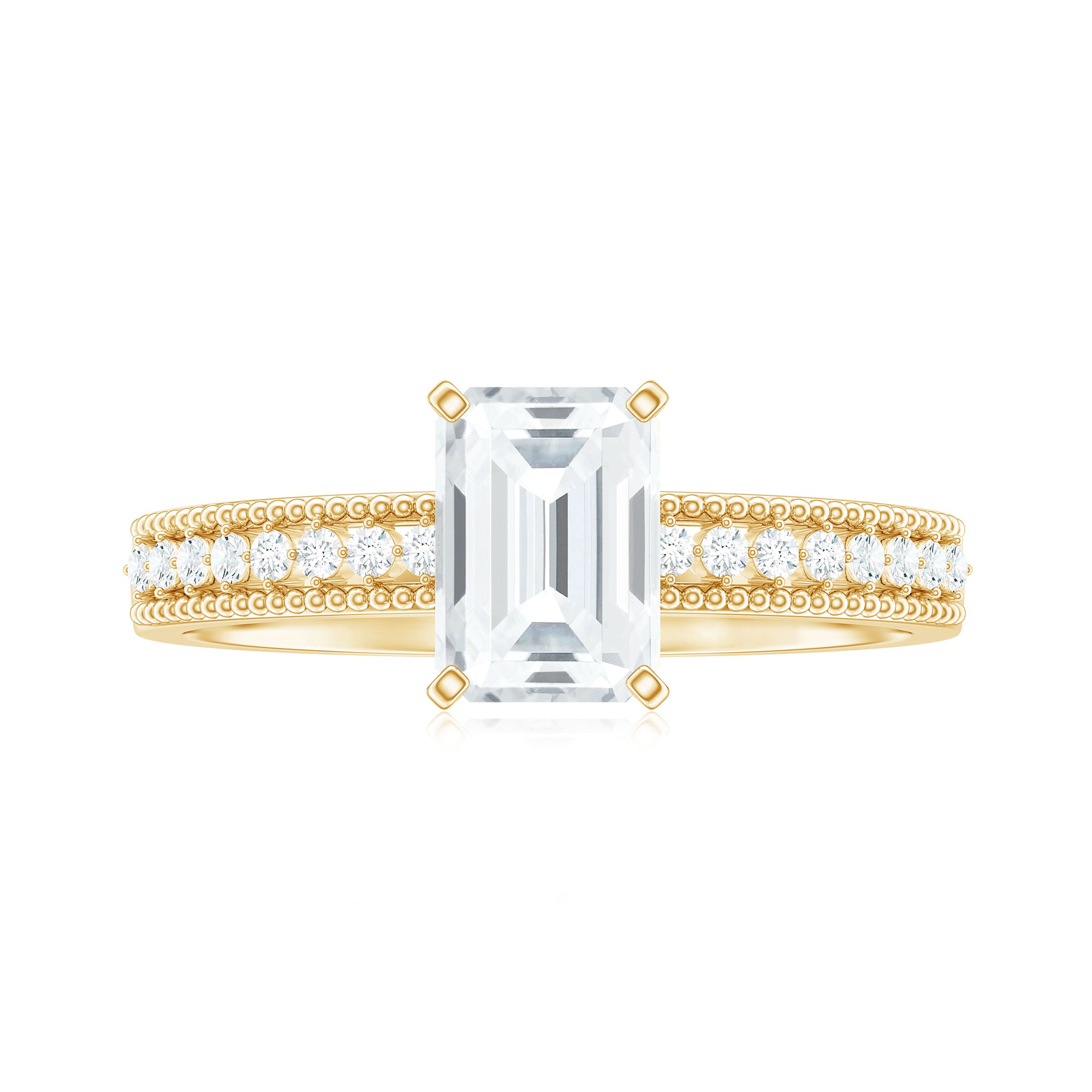 Rosec Jewels-Emerald Cut Moissanite Solitaire Engagement Ring with Gold Beaded