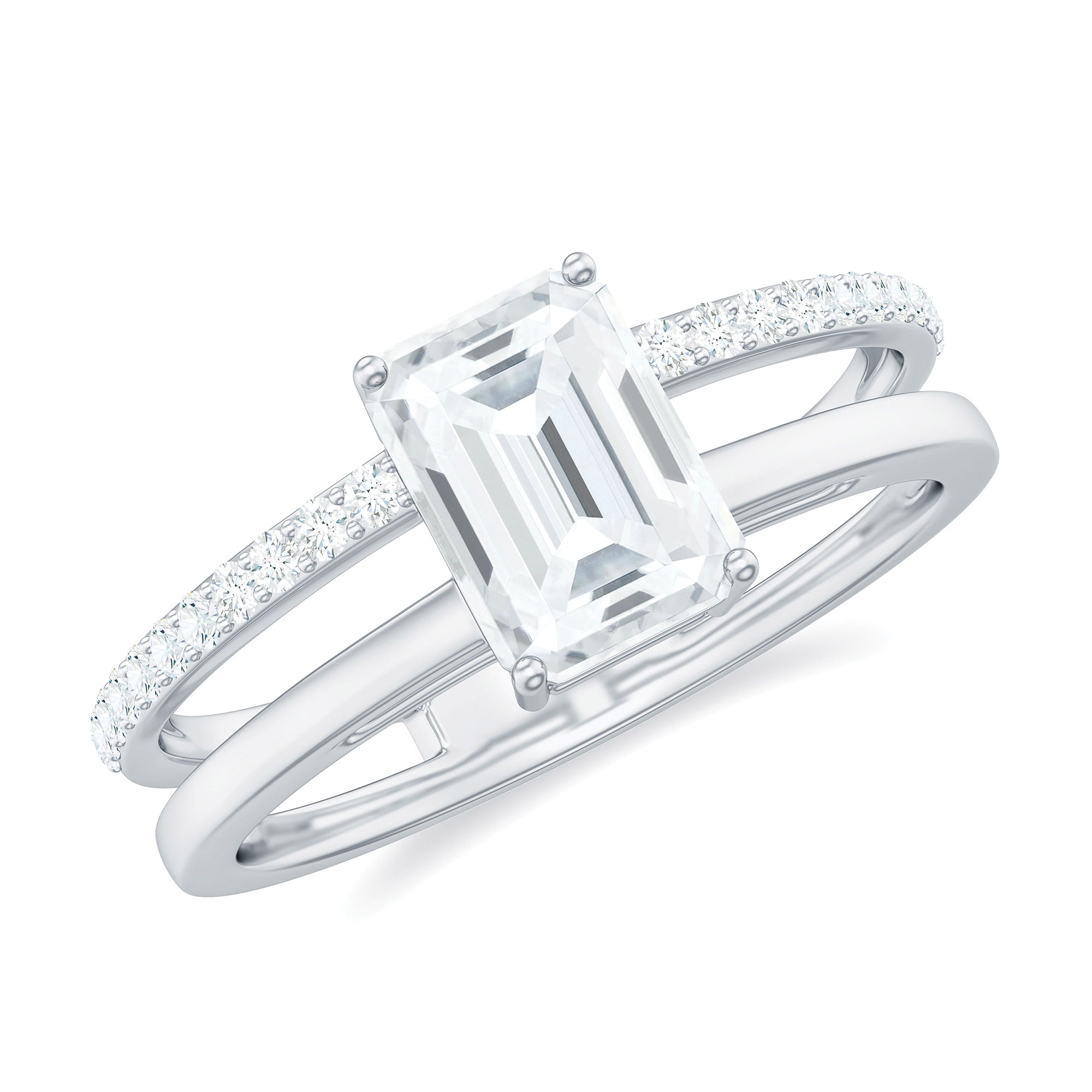 Rosec Jewels-Emerald Cut Solitaire Moissanite Double Band Engagement Ring