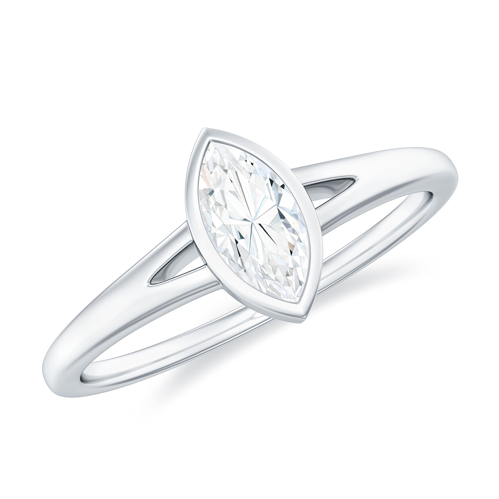 Rosec Jewels-Bezel Set Marquise Cut Moissanite Solitaire Promise Ring in Spilt Shank