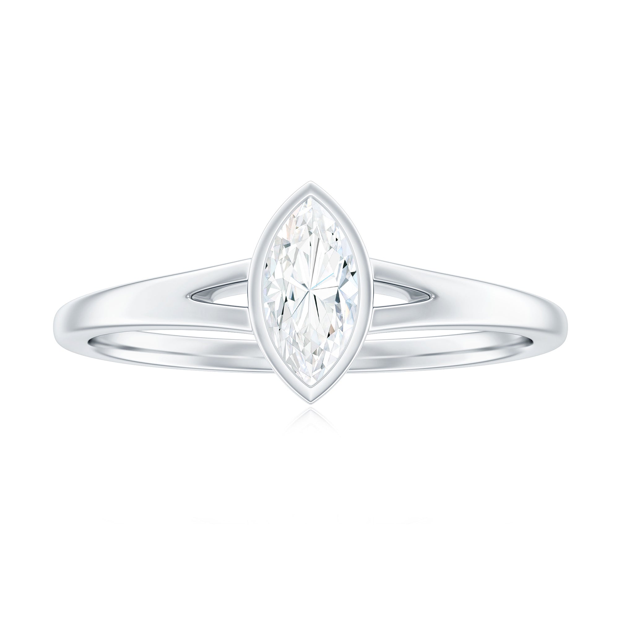 Rosec Jewels-Bezel Set Marquise Cut Moissanite Solitaire Promise Ring in Spilt Shank