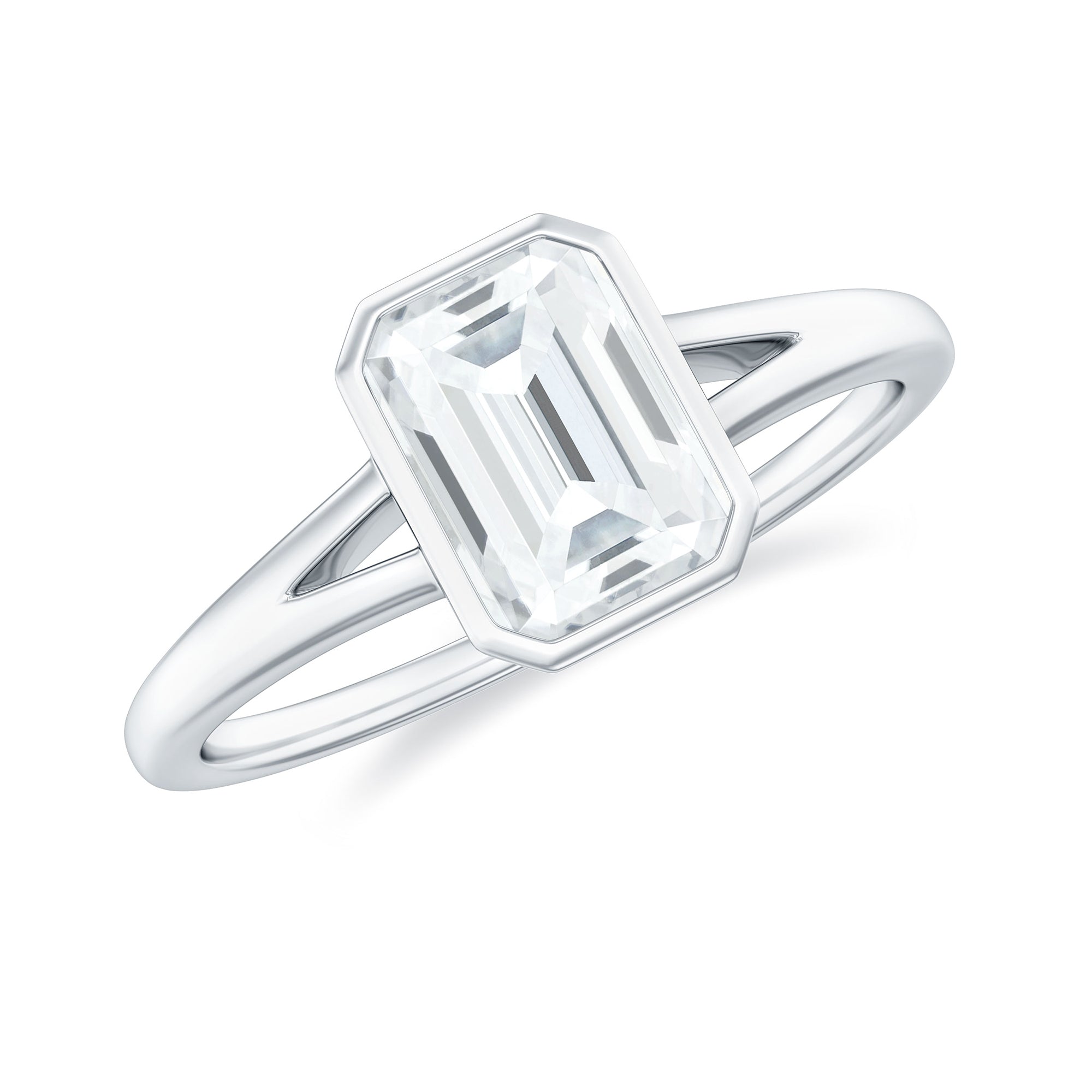 Rosec Jewels-Bezel Set Emerald Cut Moissanite Solitaire Promise Ring in Spilt Shank