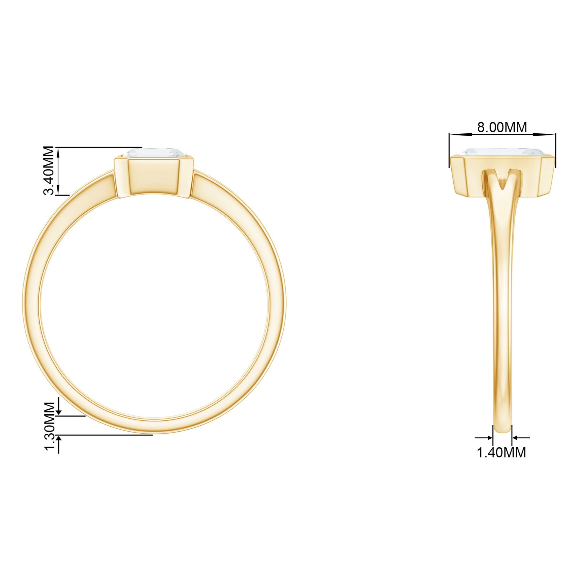 Rosec Jewels-Bezel Set Emerald Cut Moissanite Solitaire Promise Ring in Spilt Shank