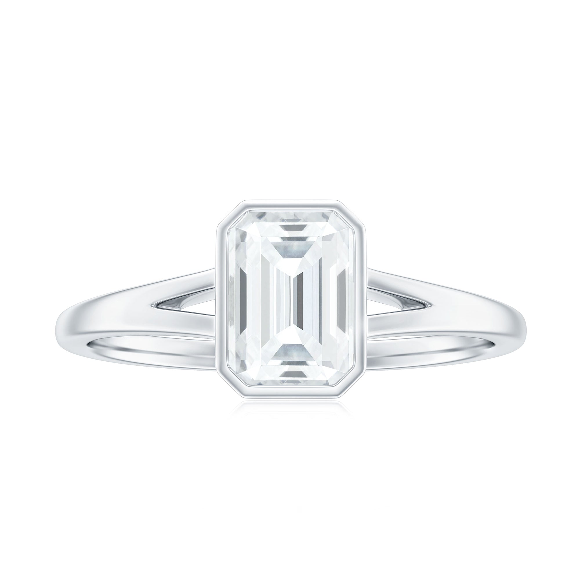 Rosec Jewels-Bezel Set Emerald Cut Moissanite Solitaire Promise Ring in Spilt Shank