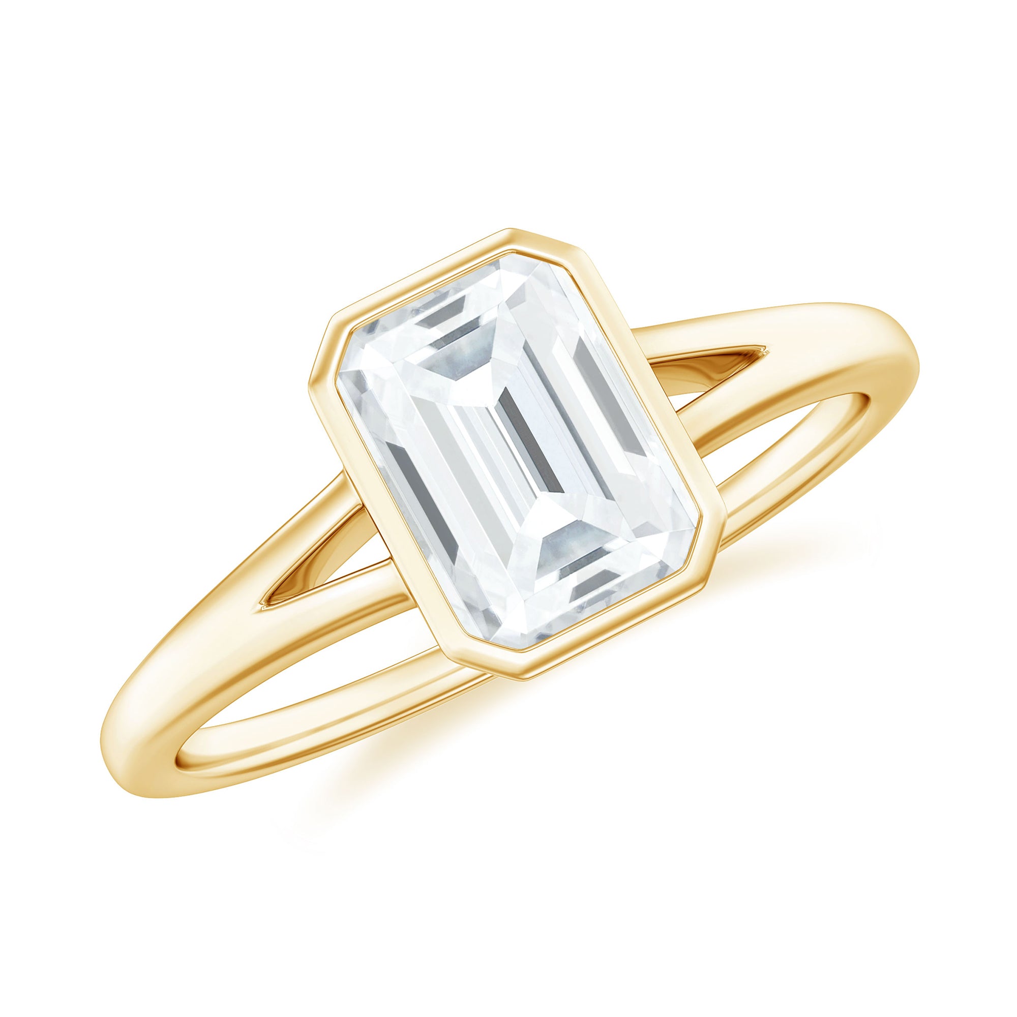 Rosec Jewels-Bezel Set Emerald Cut Moissanite Solitaire Promise Ring in Spilt Shank