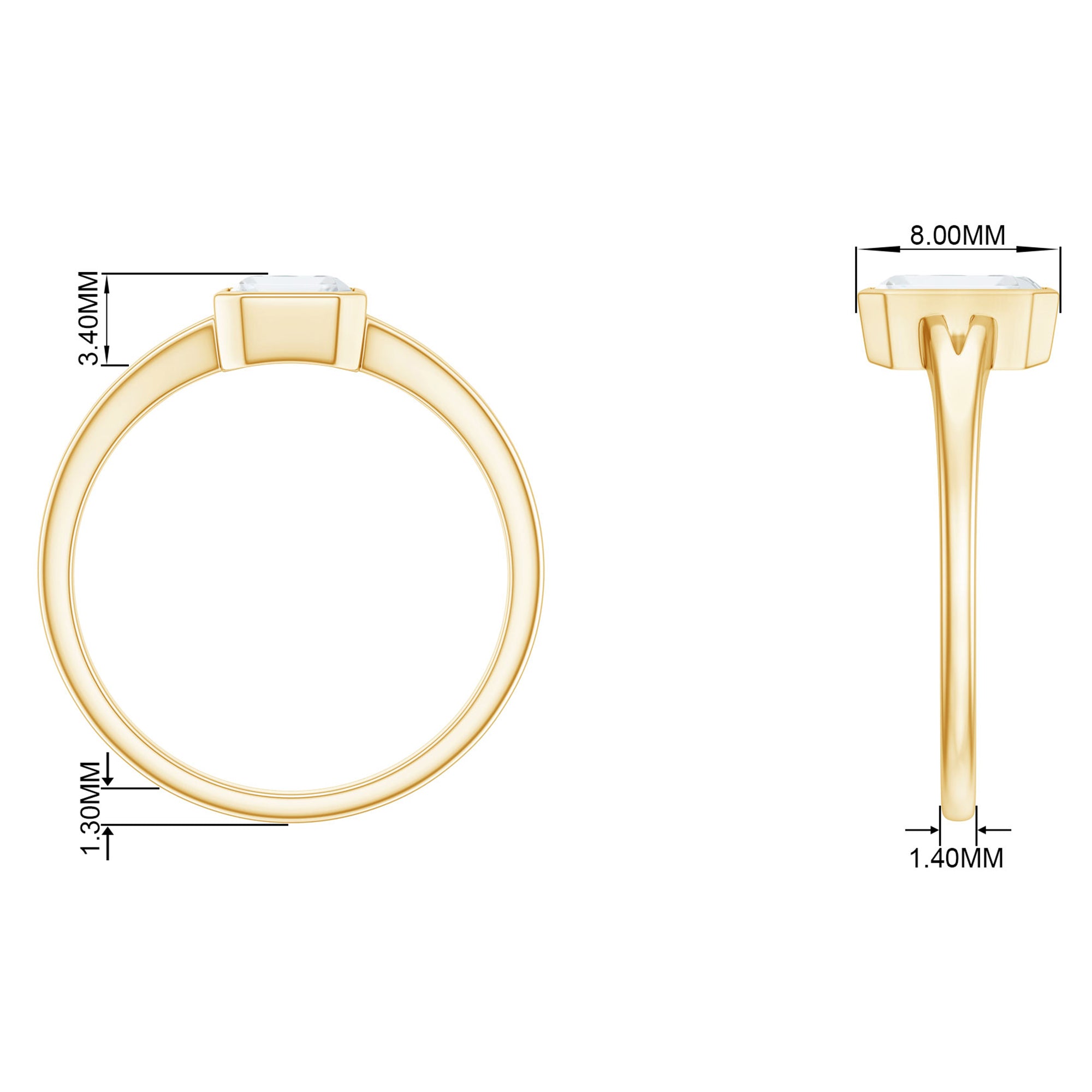 Rosec Jewels-Bezel Set Emerald Cut Moissanite Solitaire Promise Ring in Spilt Shank