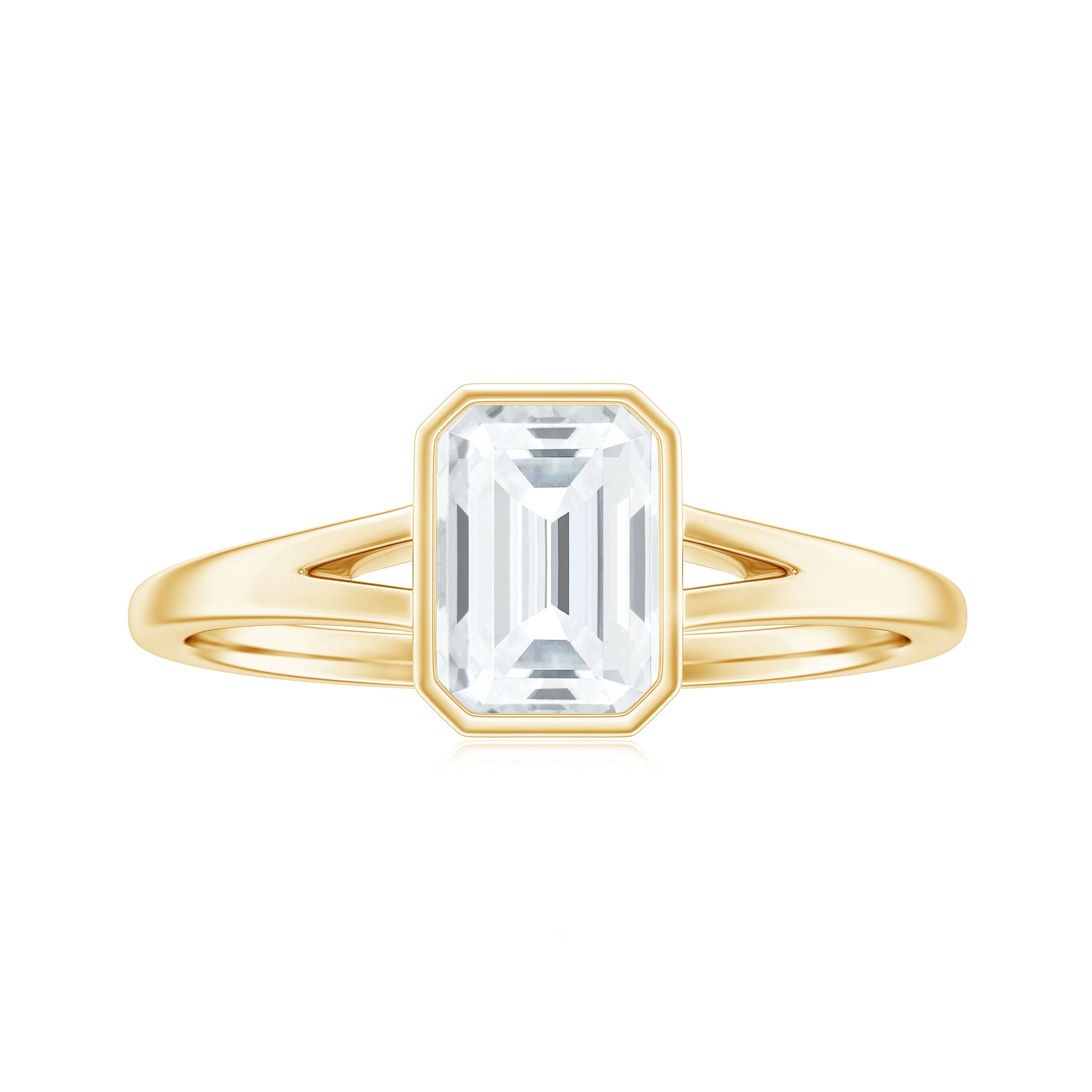 Rosec Jewels-Bezel Set Emerald Cut Moissanite Solitaire Promise Ring in Spilt Shank