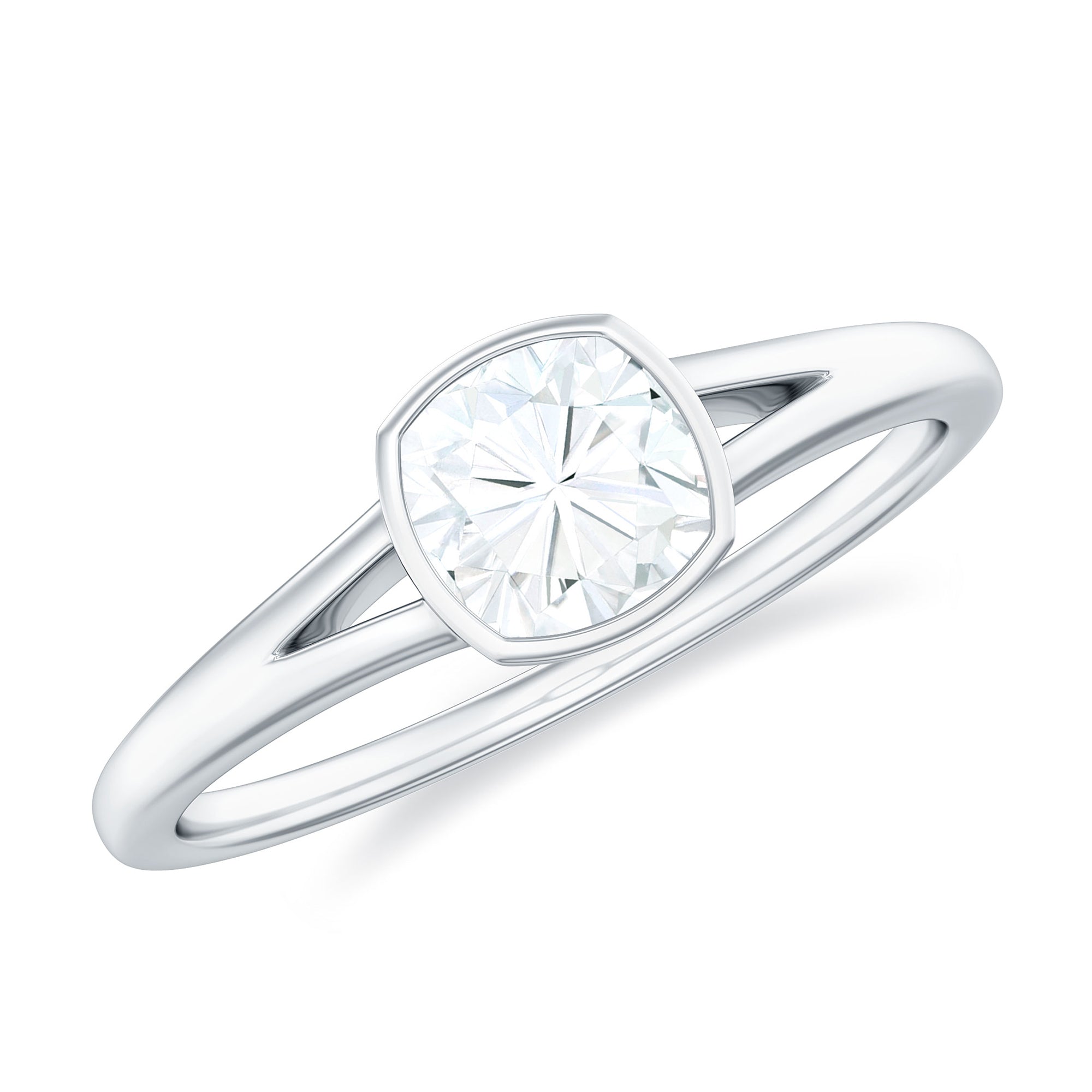 Rosec Jewels-Bezel Set Cushion Cut Moissanite Solitaire Promise Ring in Spilt Shank