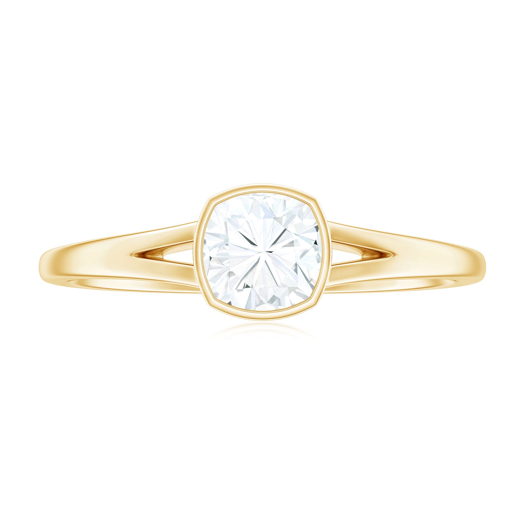 Rosec Jewels-Bezel Set Cushion Cut Moissanite Solitaire Promise Ring in Spilt Shank