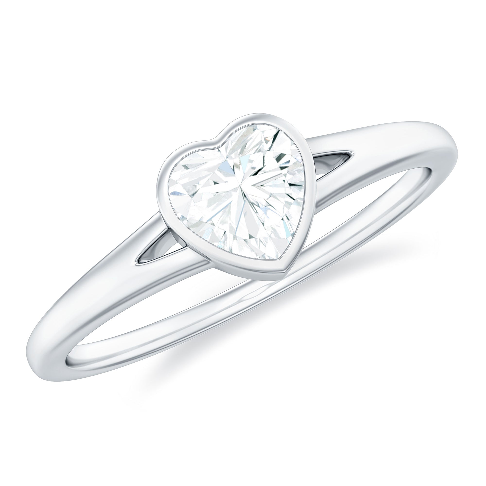 Rosec Jewels-Bezel Set Heart Shape Moissanite Solitaire Promise Ring in Spilt Shank