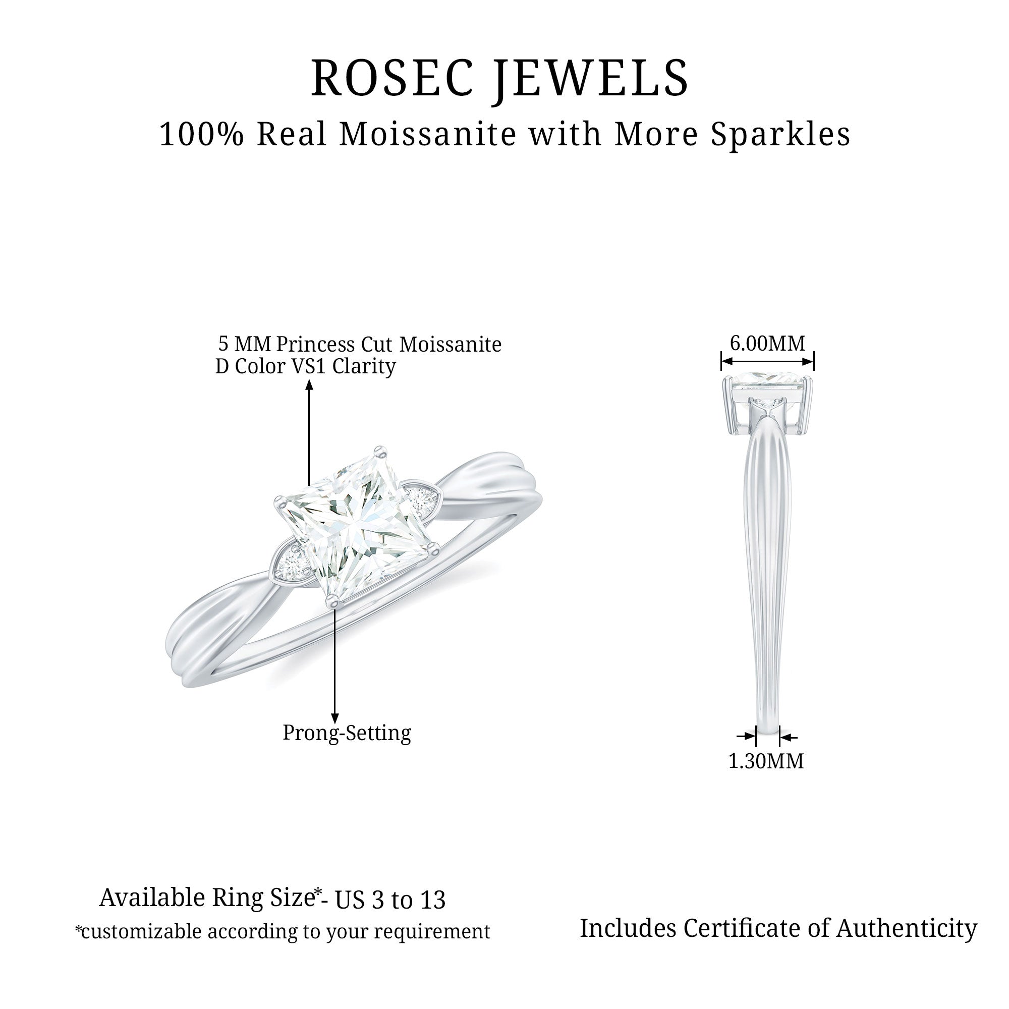 Rosec Jewels-Princess Cut Moissanite Simple Solitaire Engagement Ring for Girlfriend