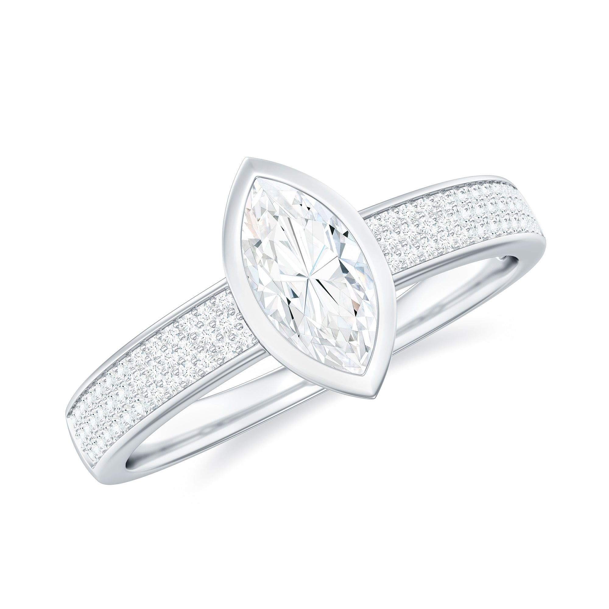 Rosec Jewels-Marquise Cut Moissanite Solitaire Engagement Ring in Bezel Setting