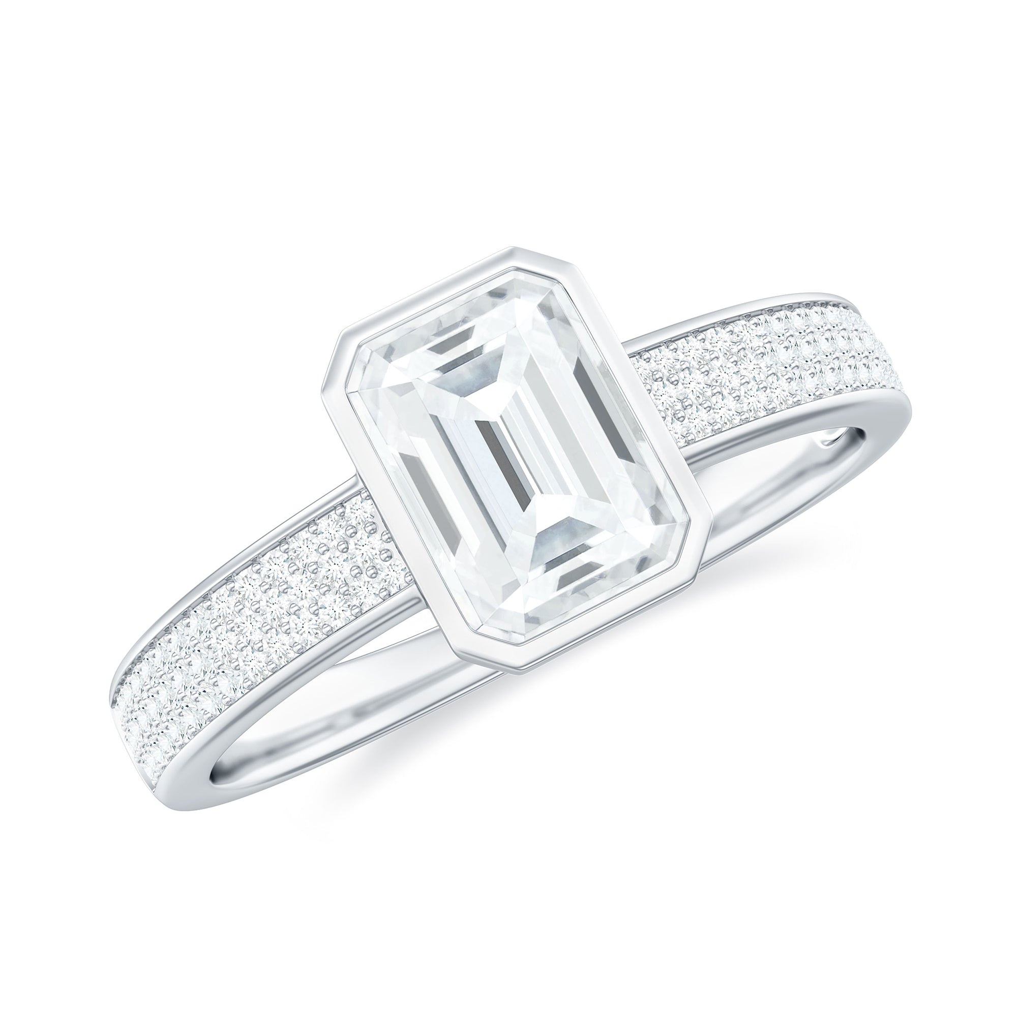 Rosec Jewels-Emerald Cut Moissanite Solitaire Engagement Ring in Bezel Setting