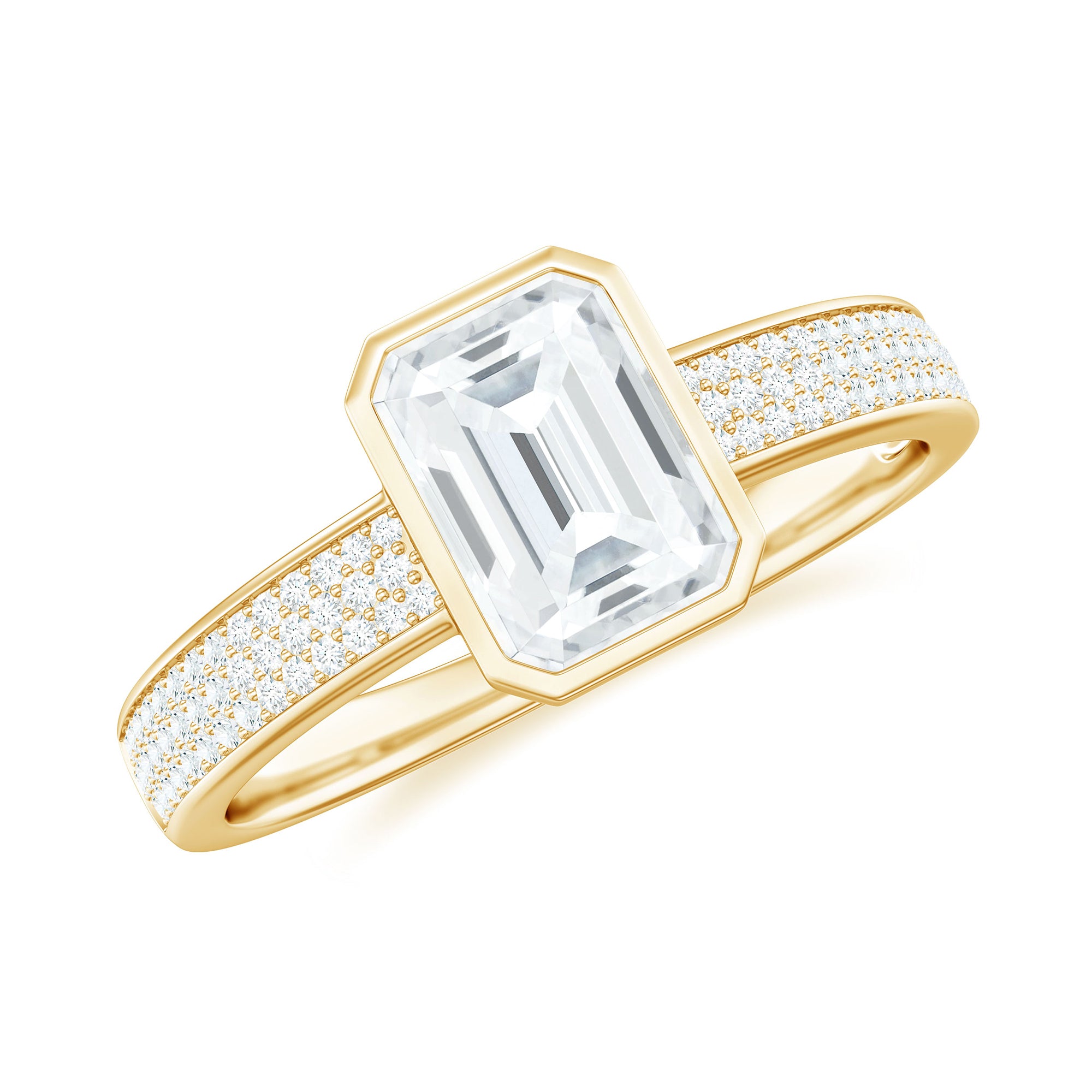 Rosec Jewels-Emerald Cut Moissanite Solitaire Engagement Ring in Bezel Setting