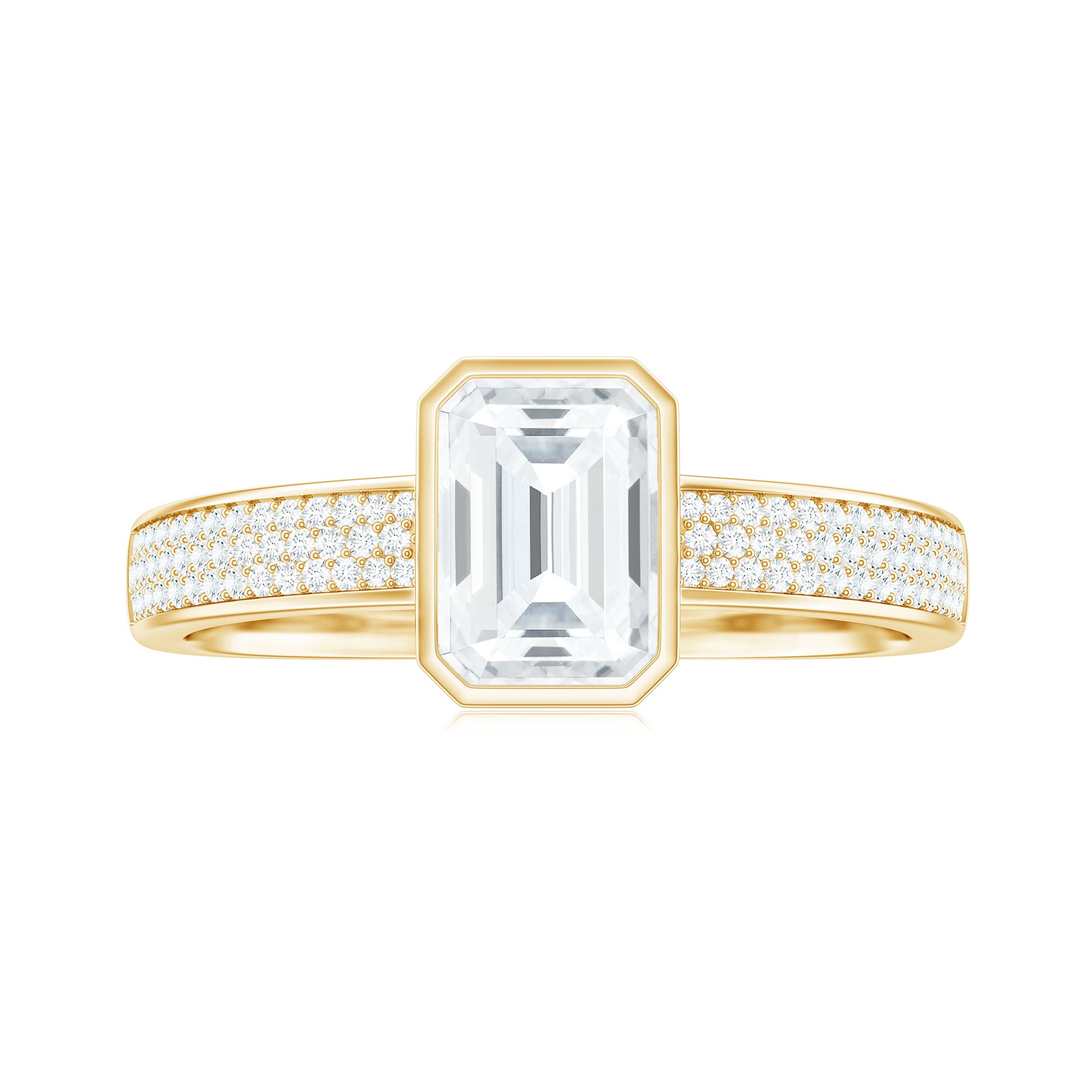 Rosec Jewels-Emerald Cut Moissanite Solitaire Engagement Ring in Bezel Setting