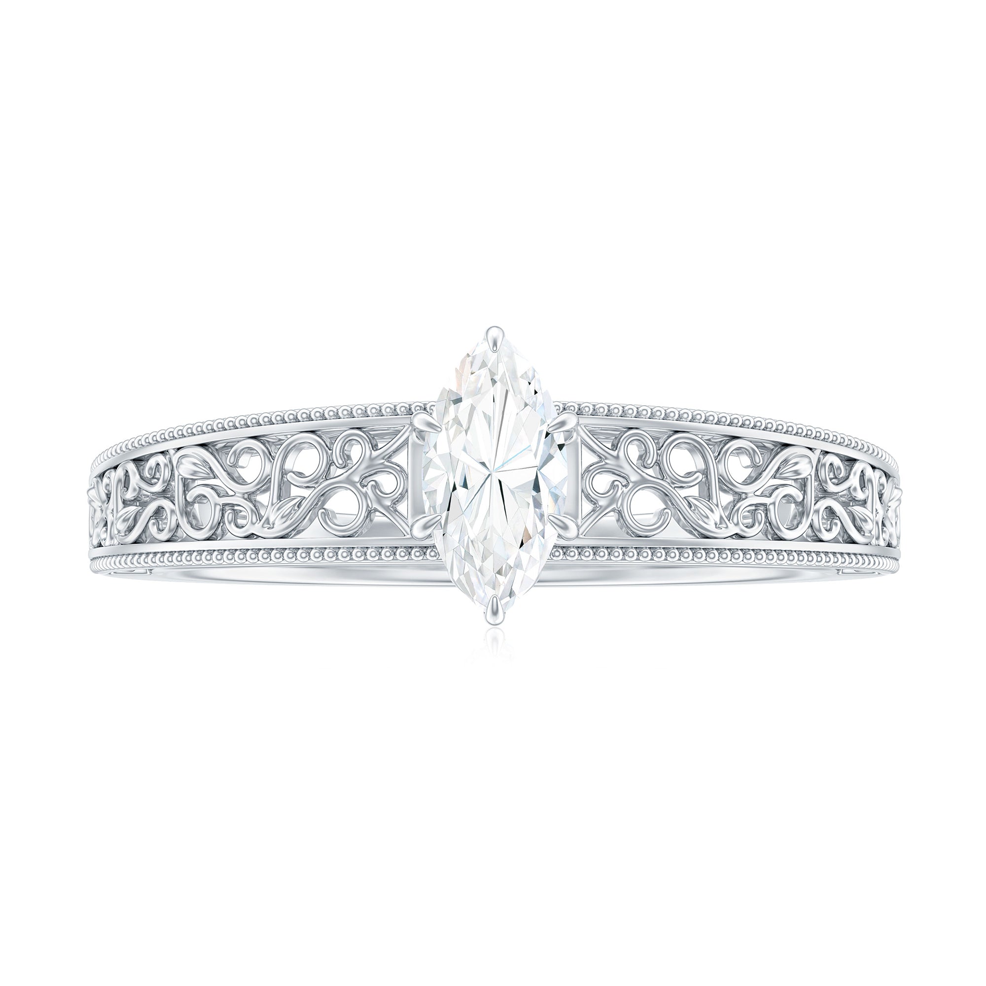 Rosec Jewels-Marquise Cut Solitaire Moissanite Filigree Gold Engagement Ring