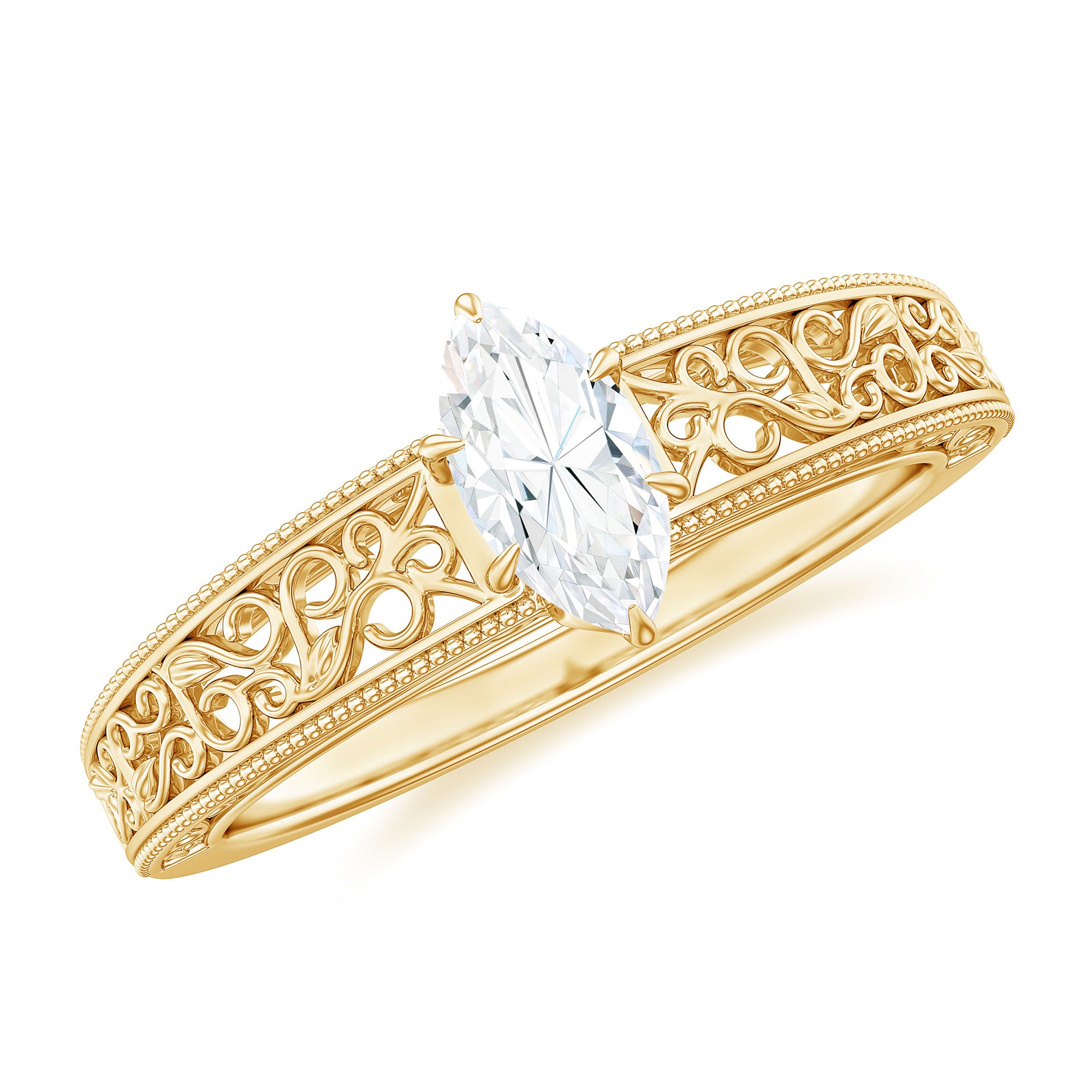 Rosec Jewels-Marquise Cut Solitaire Moissanite Filigree Gold Engagement Ring