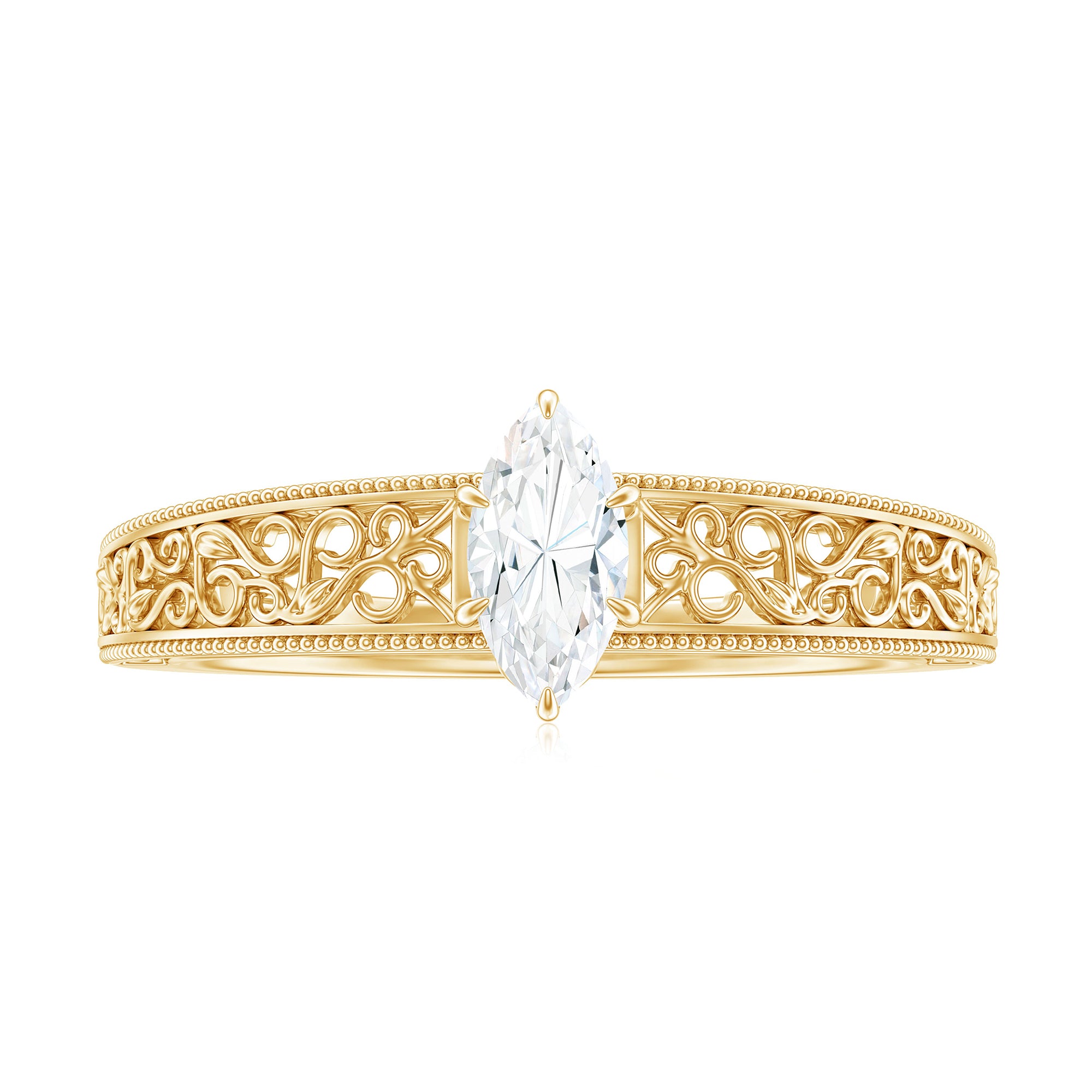 Rosec Jewels-Marquise Cut Solitaire Moissanite Filigree Gold Engagement Ring