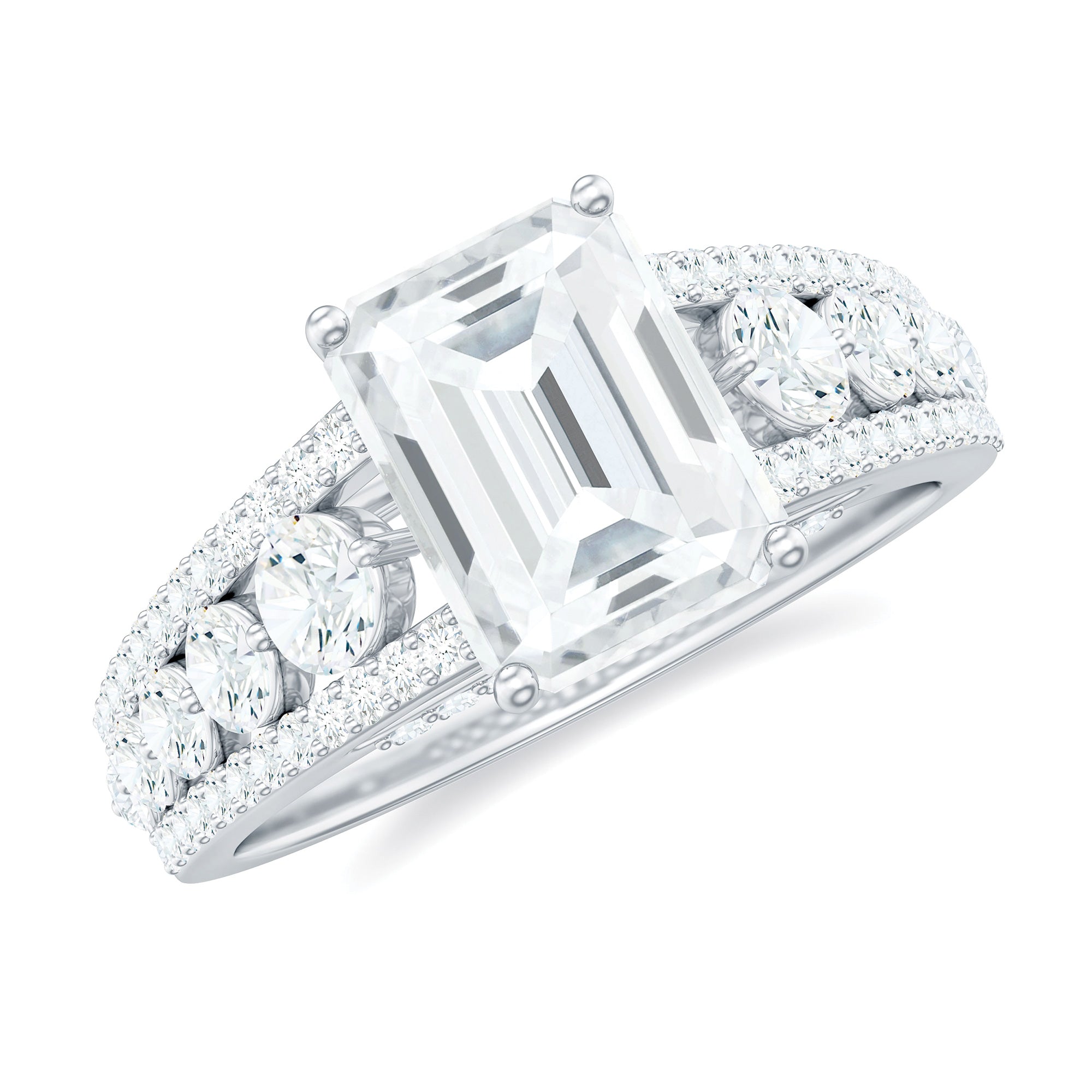 Rosec Jewels-Emerald Cut Moissanite Solitaire Engagement Ring with Side Stones