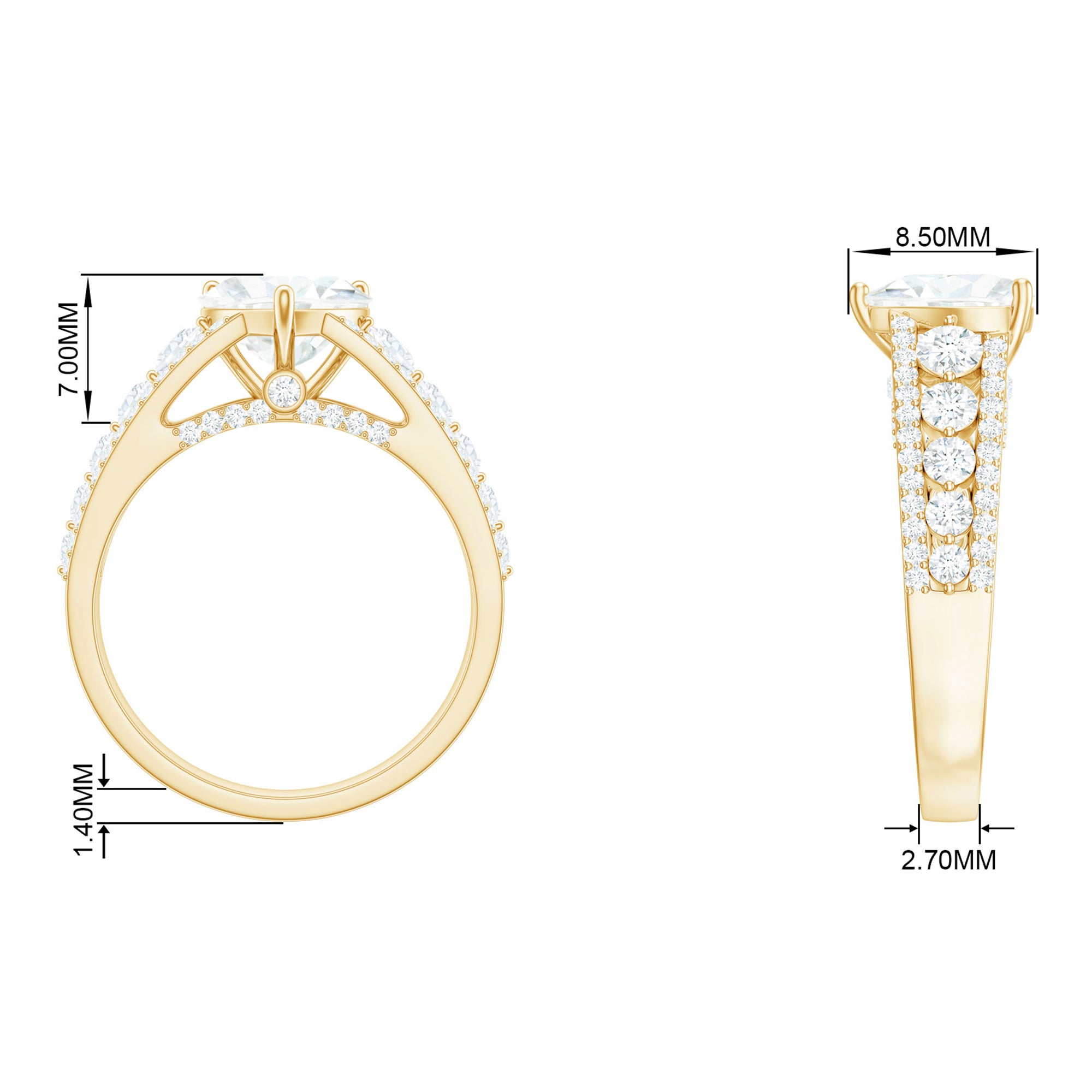 Rosec Jewels-Heart Shape Moissanite Gold Solitaire Engagement Ring with Side Stones