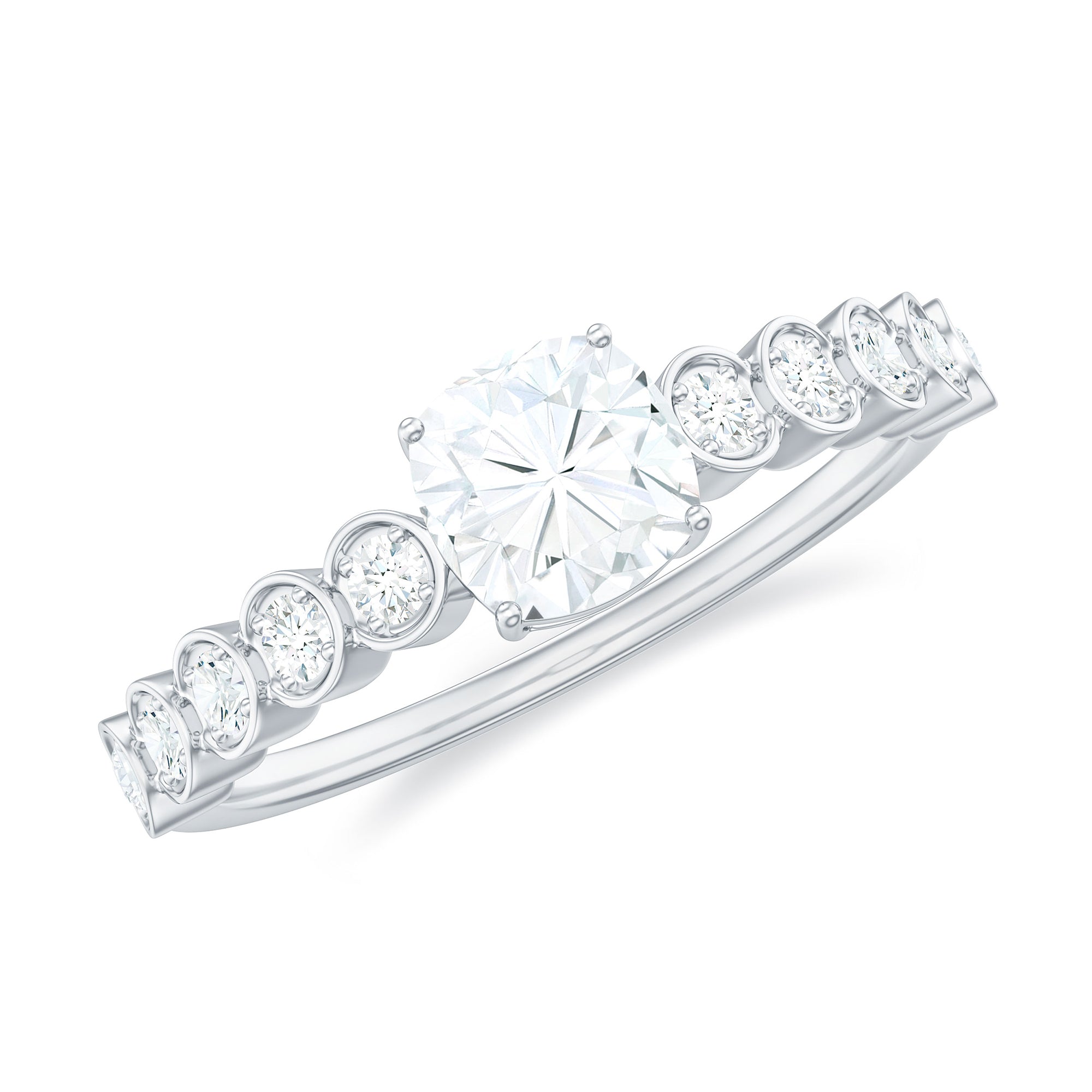 Rosec Jewels-Cushion Cut Moissanite Solitaire Ring with Side Stones