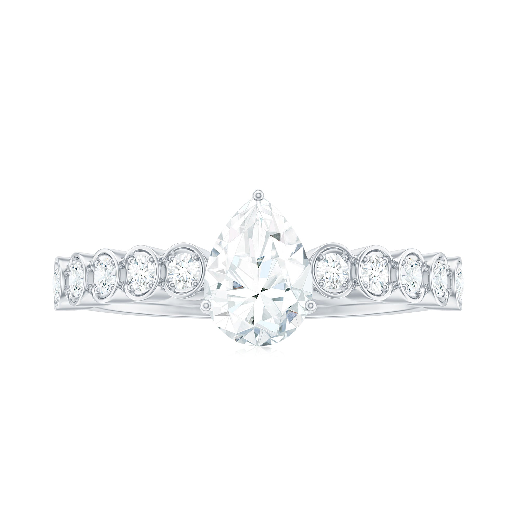 Rosec Jewels-Pear Shaped Moissanite Solitaire Ring with Side Stones