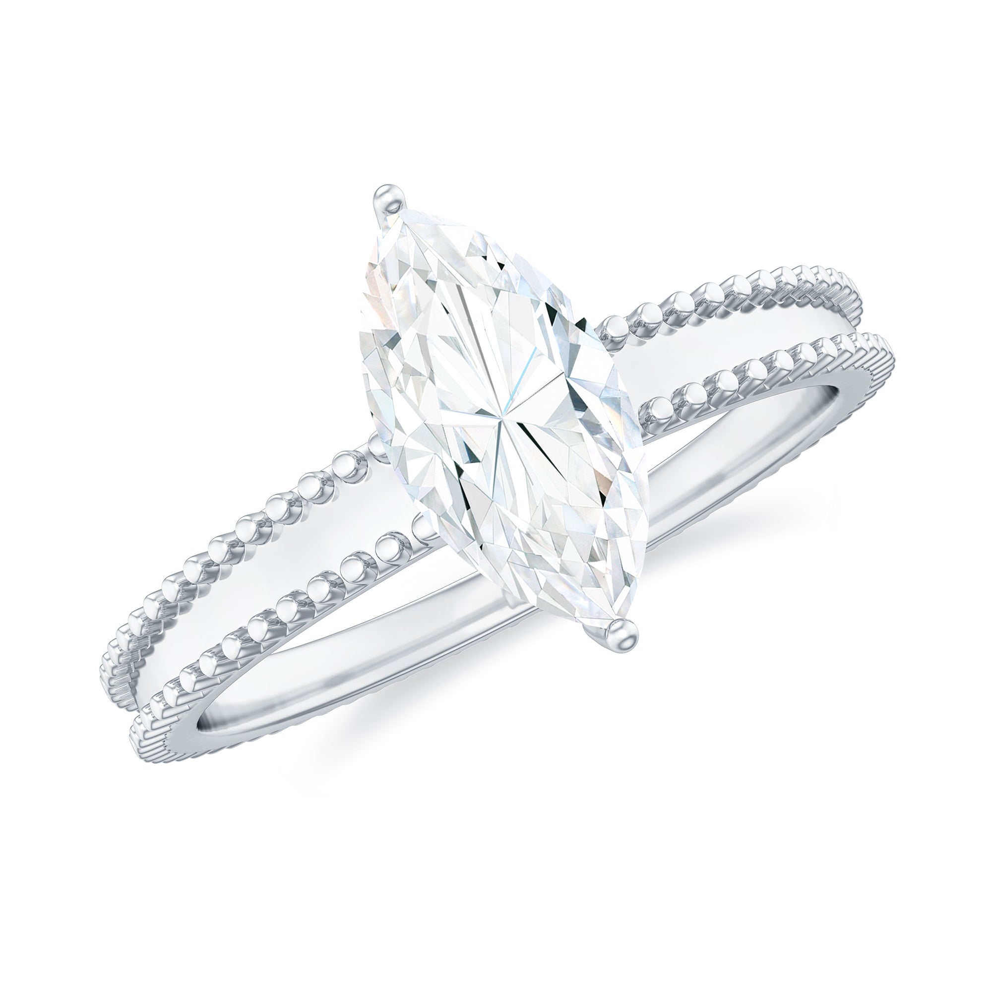 Rosec Jewels-Marquise Cut Moissanite Solitaire Ring with Beaded Details