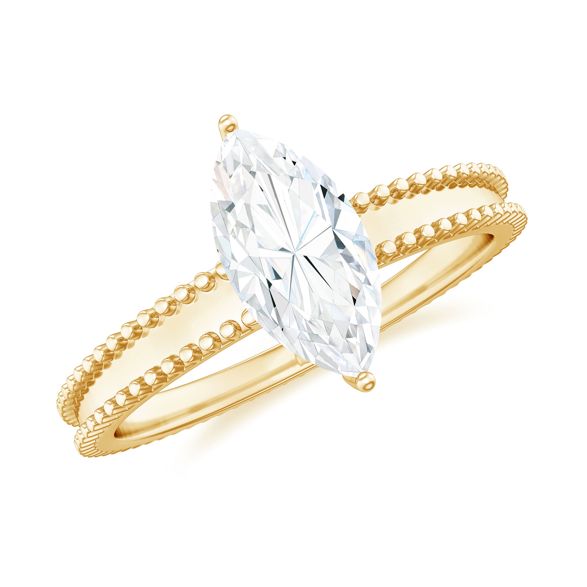 Rosec Jewels-Marquise Cut Moissanite Solitaire Ring with Beaded Details