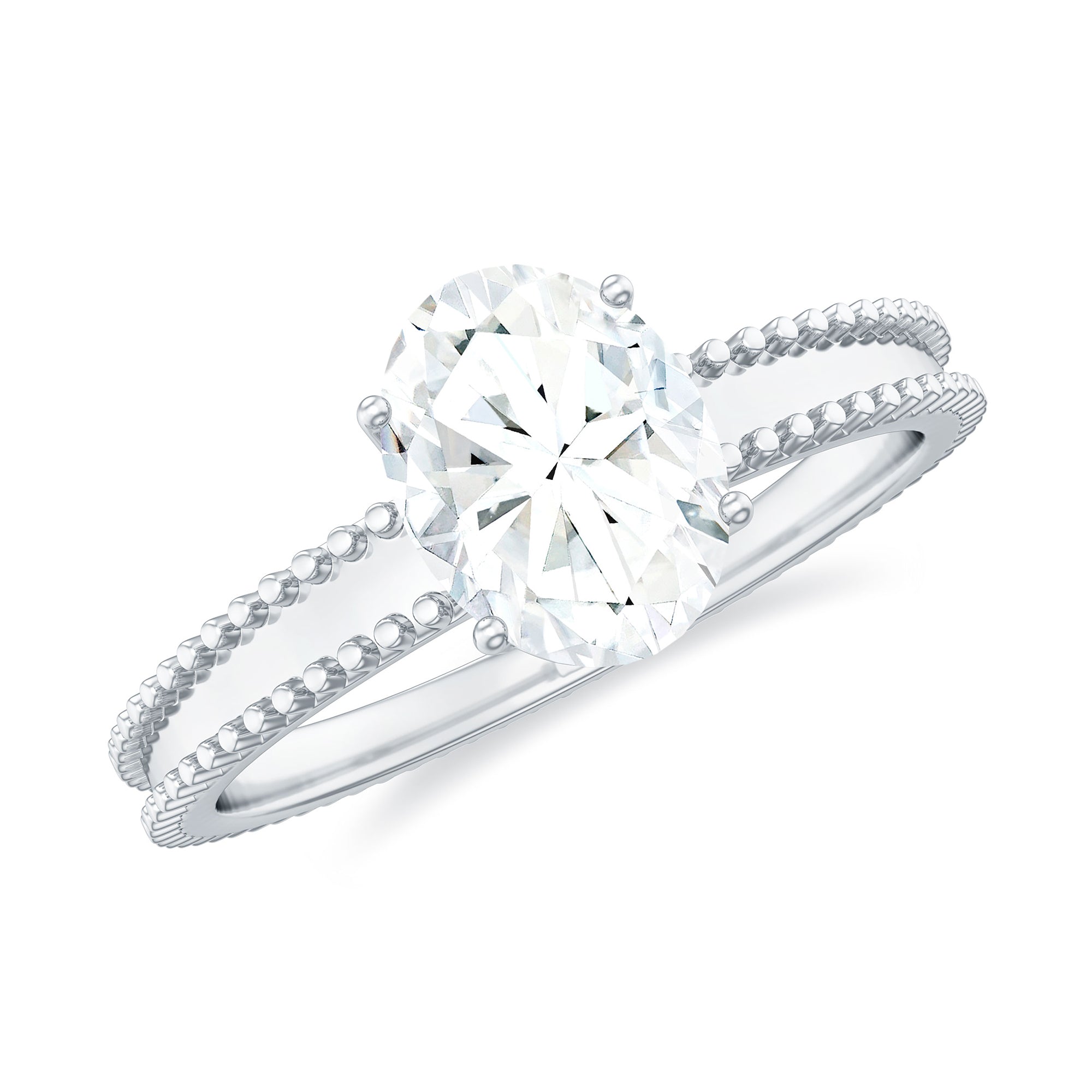 Rosec Jewels-Oval Cut Moissanite Solitaire Ring with Beaded Details