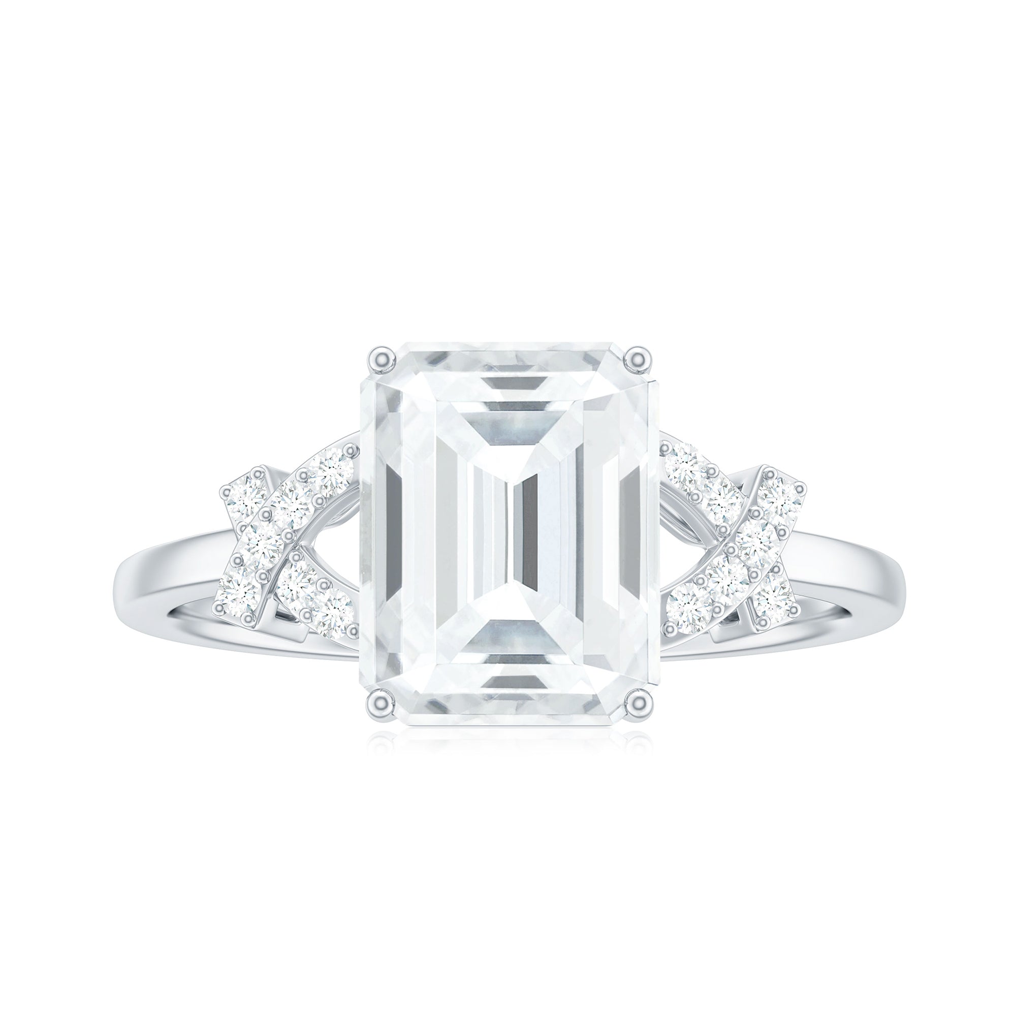 Rosec Jewels-Emerald Cut Moissanite Solitaire Ring in Spilt Shank