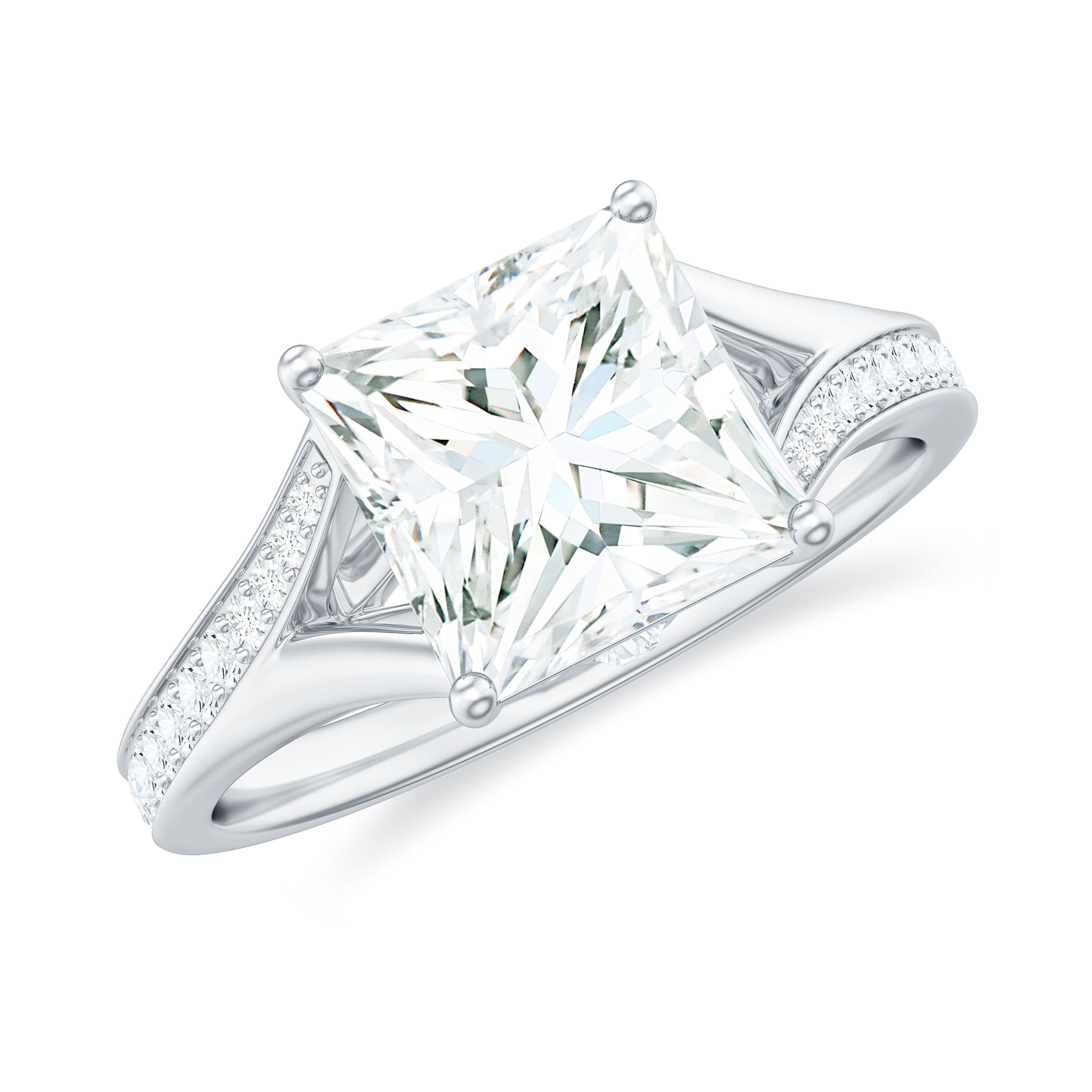 Rosec Jewels-Princess Cut Moissanite Gold Solitaire Engagement Ring in Split Shank