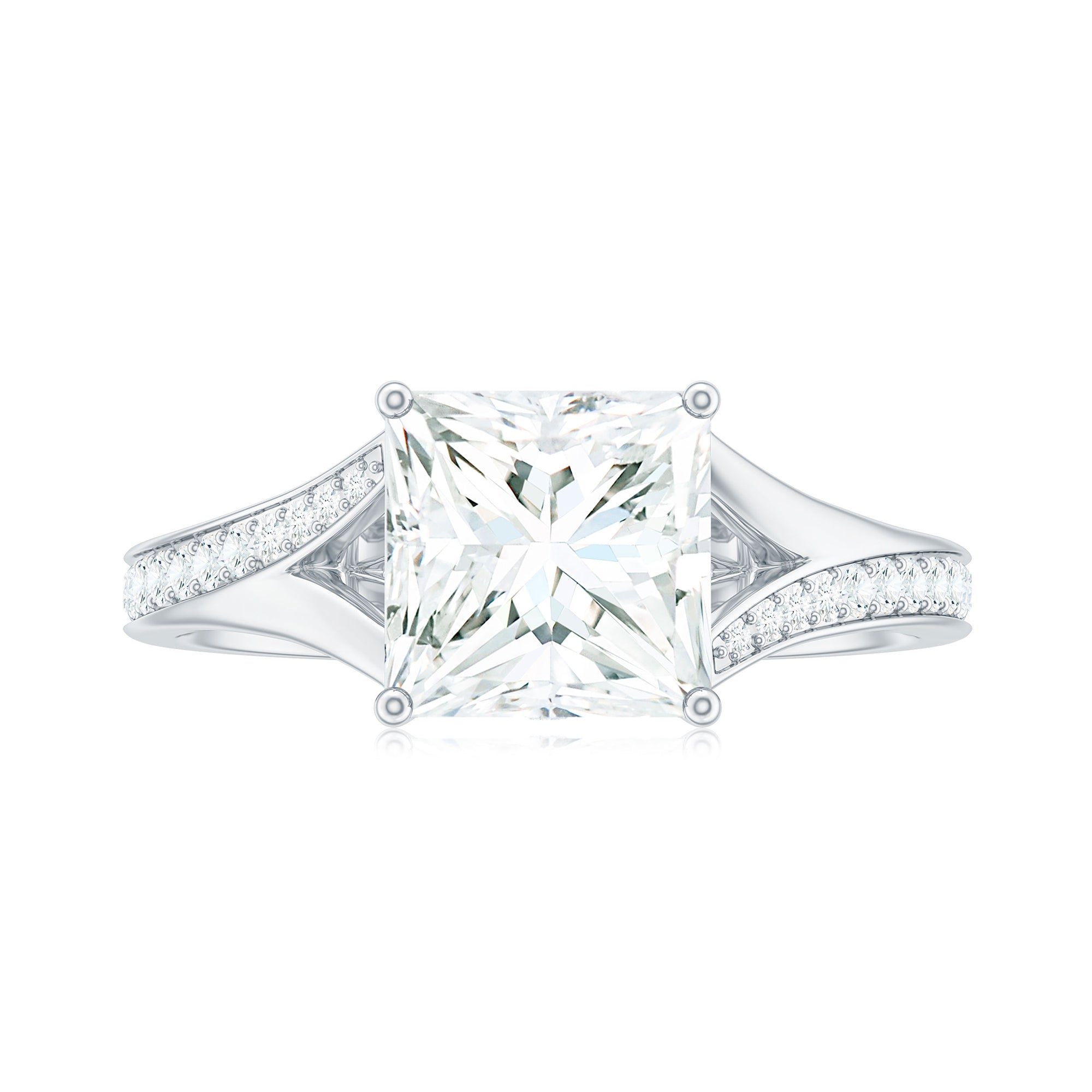 Rosec Jewels-Princess Cut Moissanite Gold Solitaire Engagement Ring in Split Shank